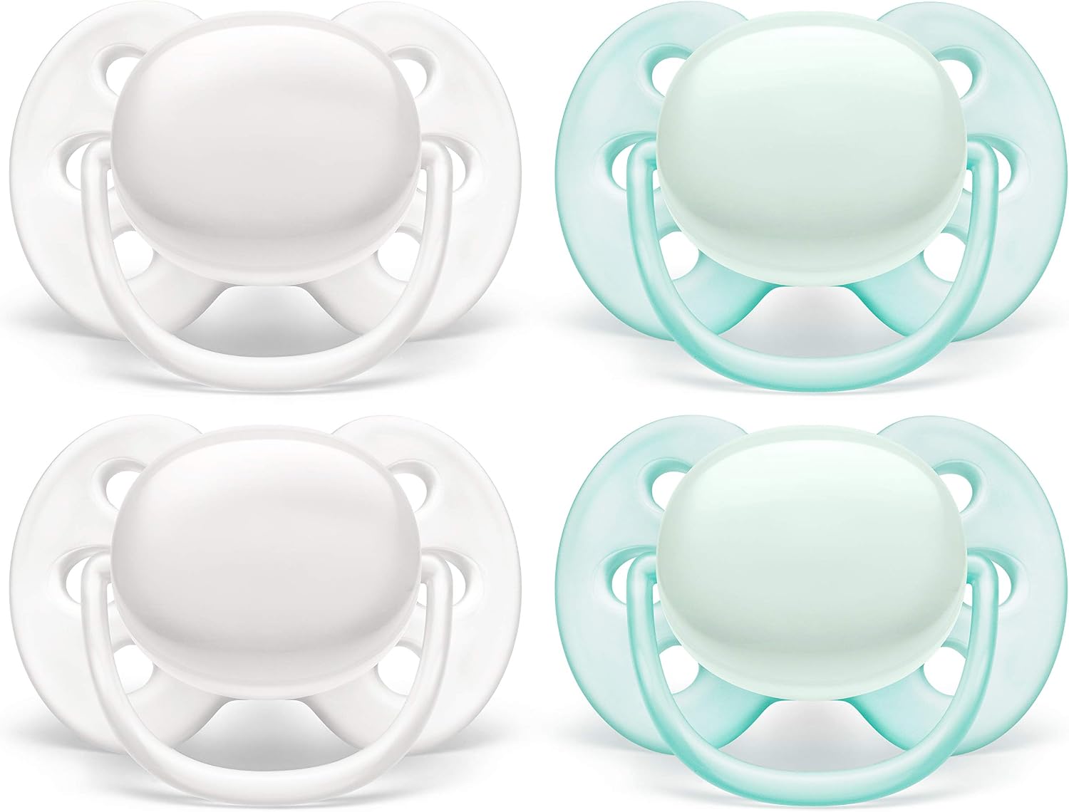 Philips AVENT Ultra Soft Pacifier, 0-6 Months, Arctic White/Green, 4 Pack, SCF214/40