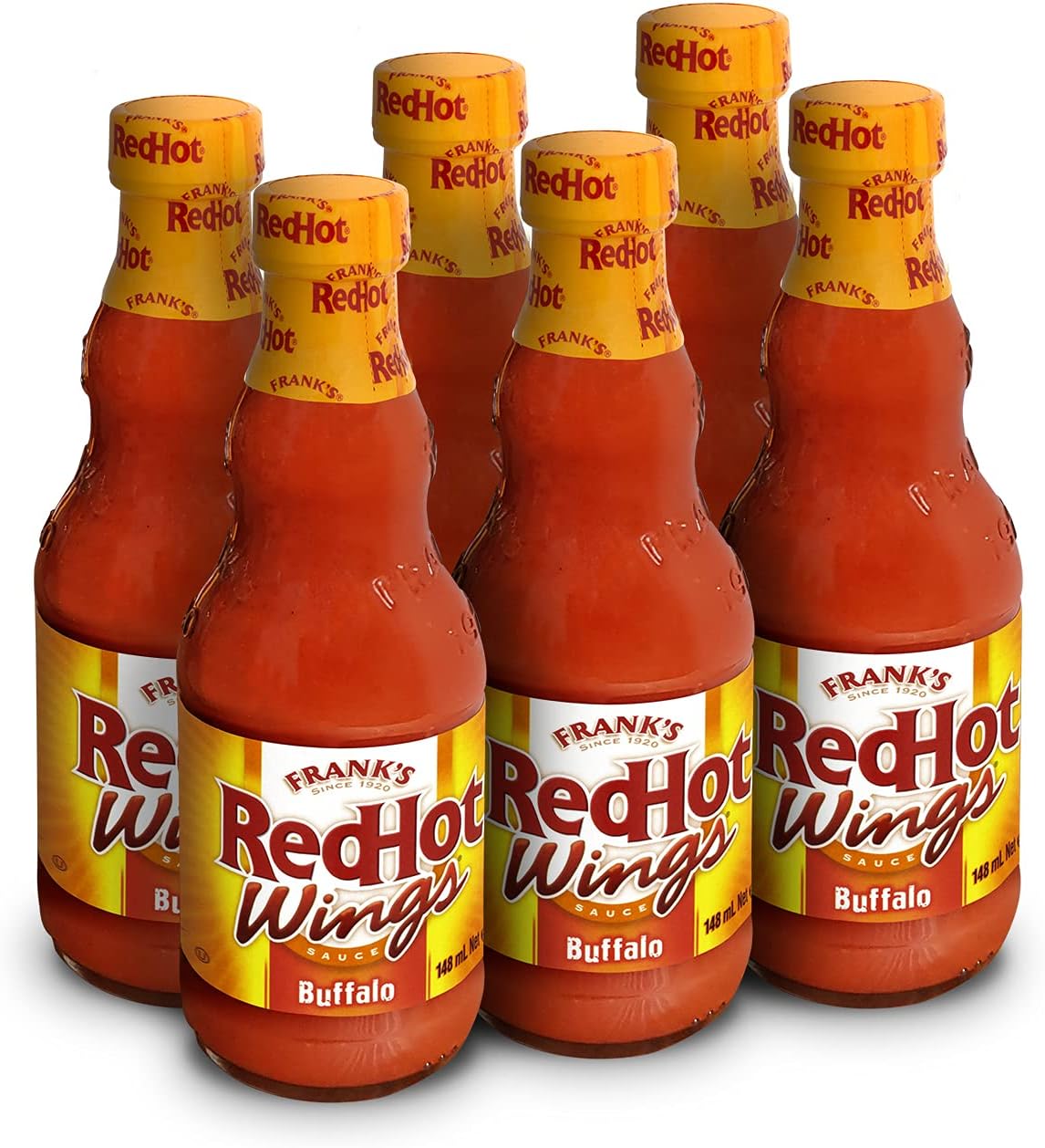 Frank's RedHot Buffalo Wings Sauce 148 ML | Pack of 6 | Hot Chilli Sauce | Vegan & Non-Vegan Cuisine | Perfect for Chicken Wings, Burritos & Fajitas |No Artificial Colours Flavourings or Preservatives
