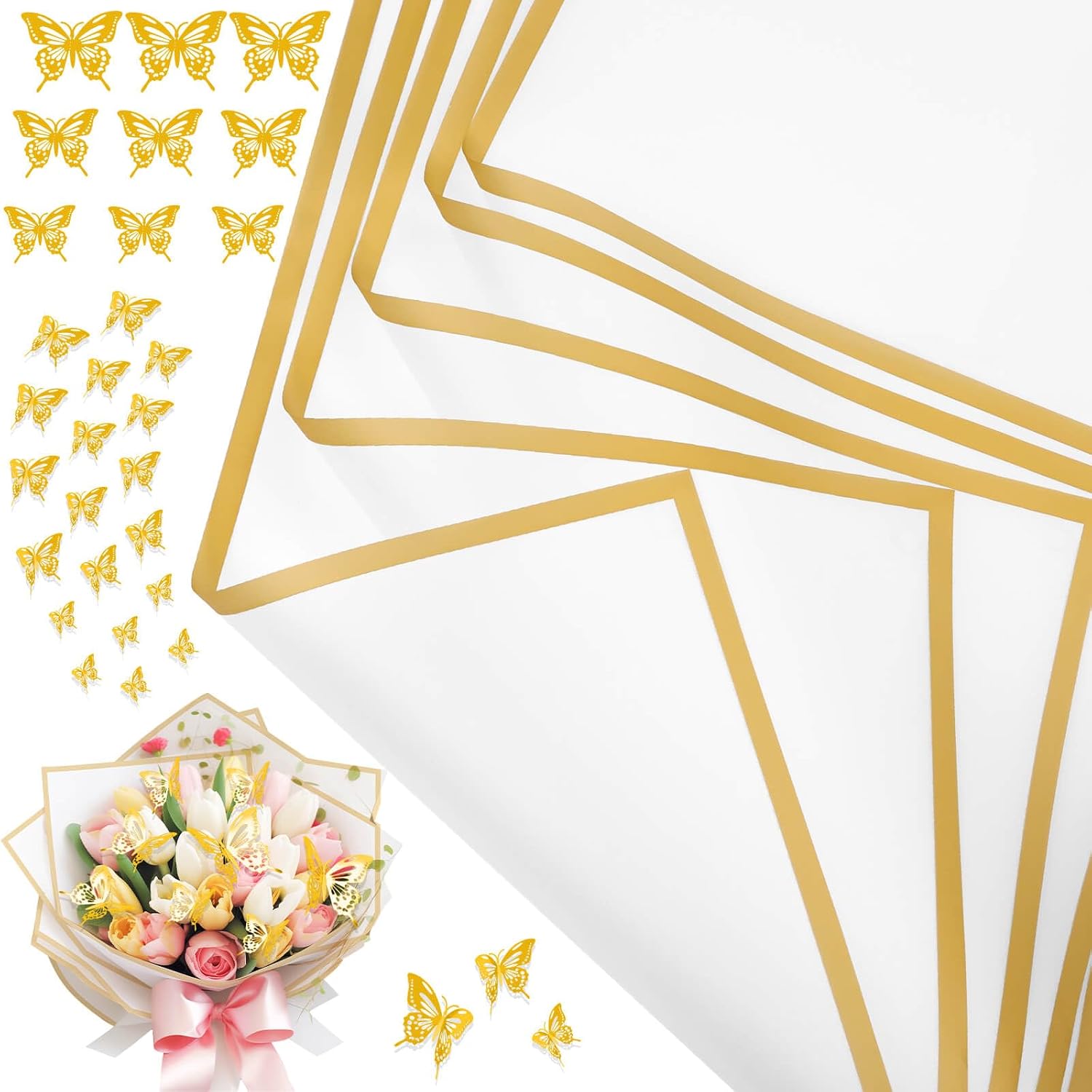 cridoz 20 Sheets Flower Bouquet Wrapping Paper with 12 Pieces Gold Butterfly Decorations for Flower Bouquets, Waterproof Floral Bouquet Wrapping Paper for Flower, Gift Wrapping(White)