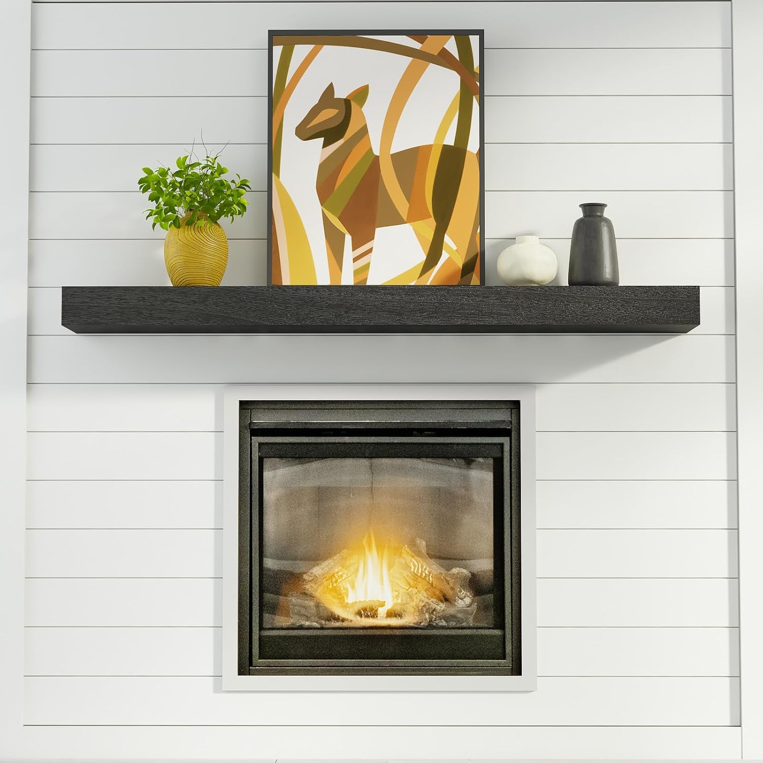 60 Inch Solid Wood Fireplace Mantel Shelf | Modern Farmhouse Floating Shelf with Hidden Brackets for Living Room TV, Water-Resistant Finish in Matte Black