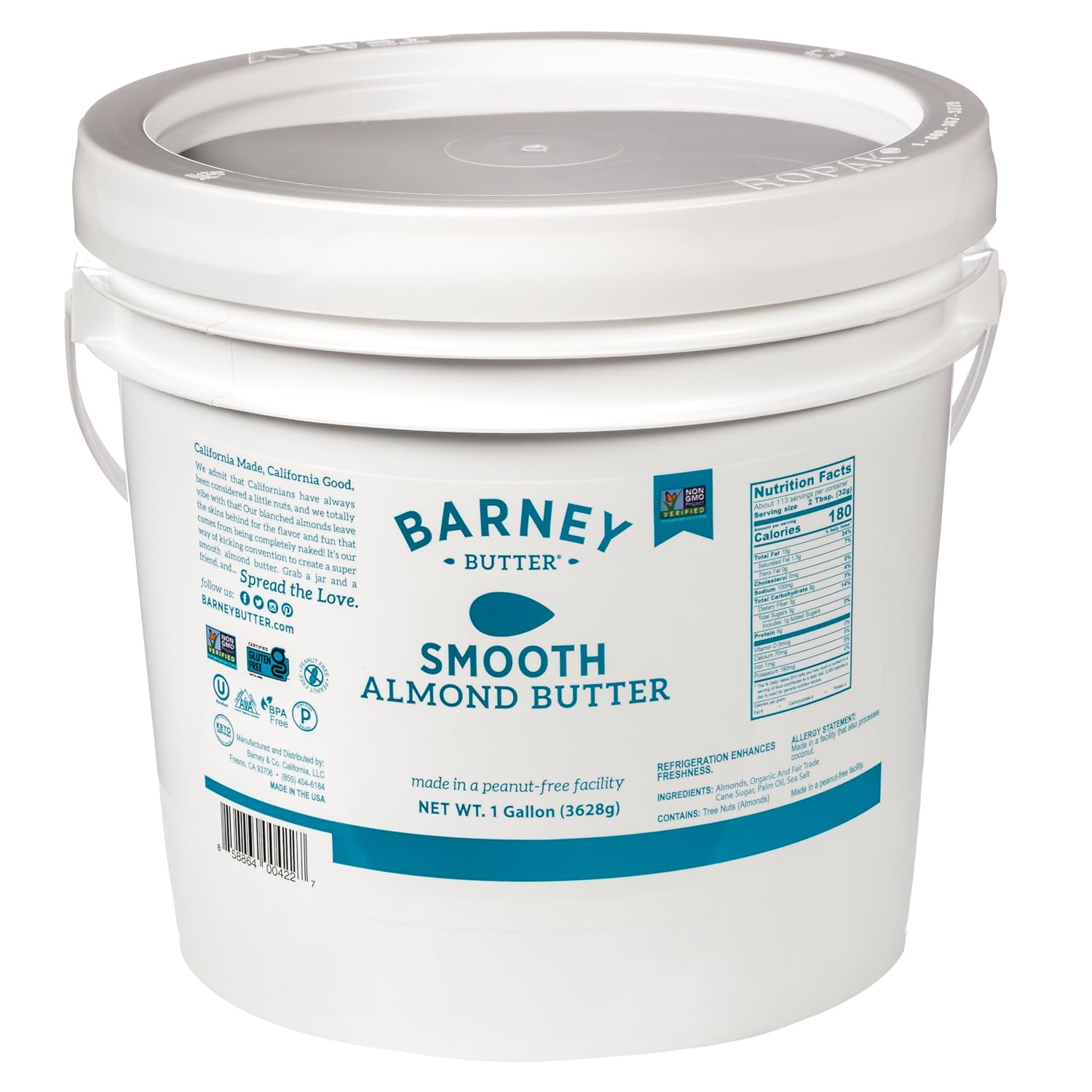 Barney Butter Almond Butter, Smooth, 1 Gallon, Skin-Free Almonds, No Stir, Non-GMO, Gluten Free, Keto, Paleo, Vegan