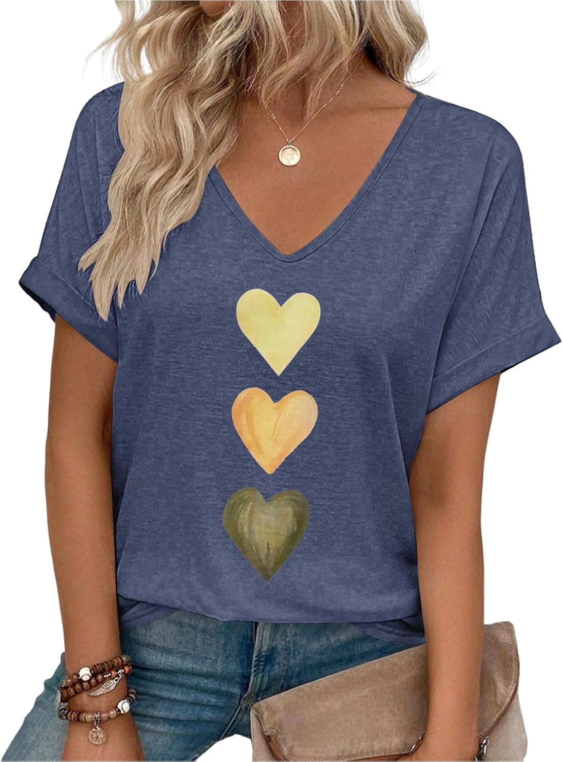 heekpek Women's T-Shirts Summer Casual Deep V Neck T Shirts Rolled Up Short Sleeve 3 Heart Print Loose Tee Shirts Basic Tops