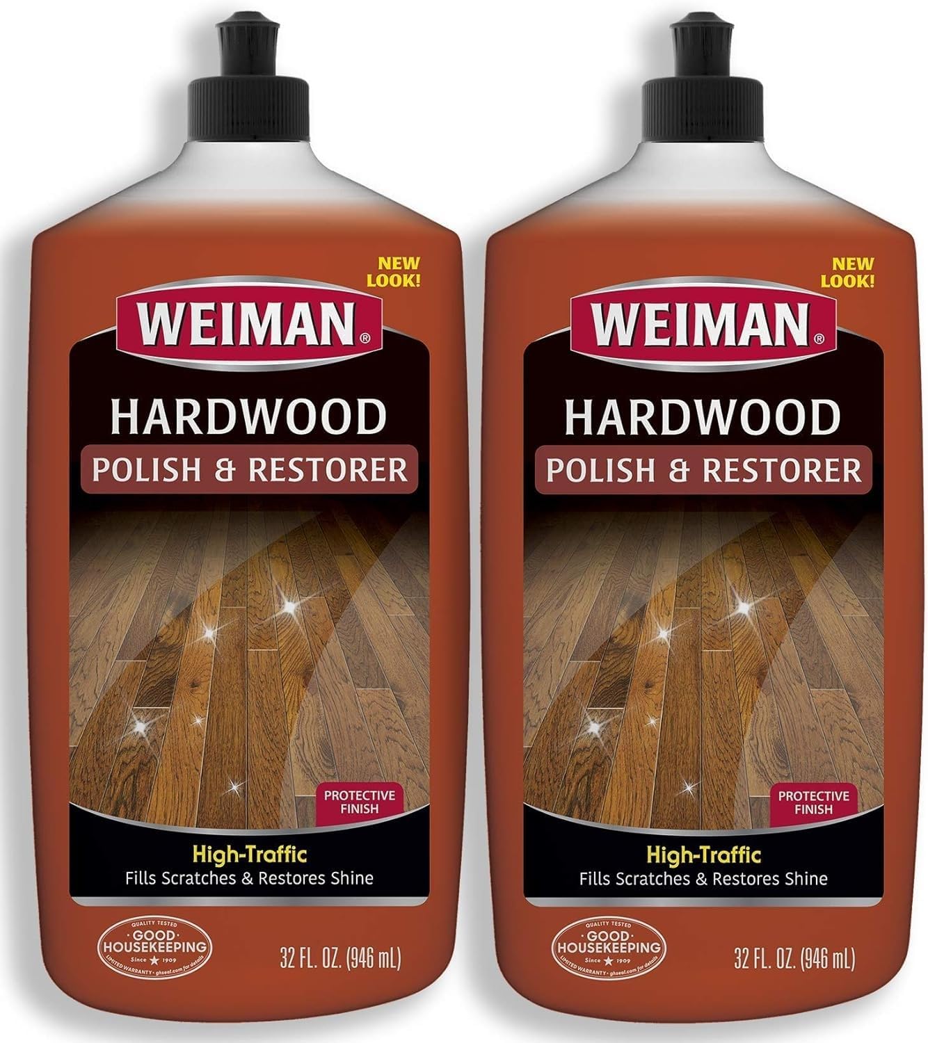 Weiman Wood Floor Polish and Restorer 32 Ounce (2 Pack) - High-Traffic Hardwood Floor, Natural Shine, Removes Scratches, Leaves Protective Layer - Packaging May Vary