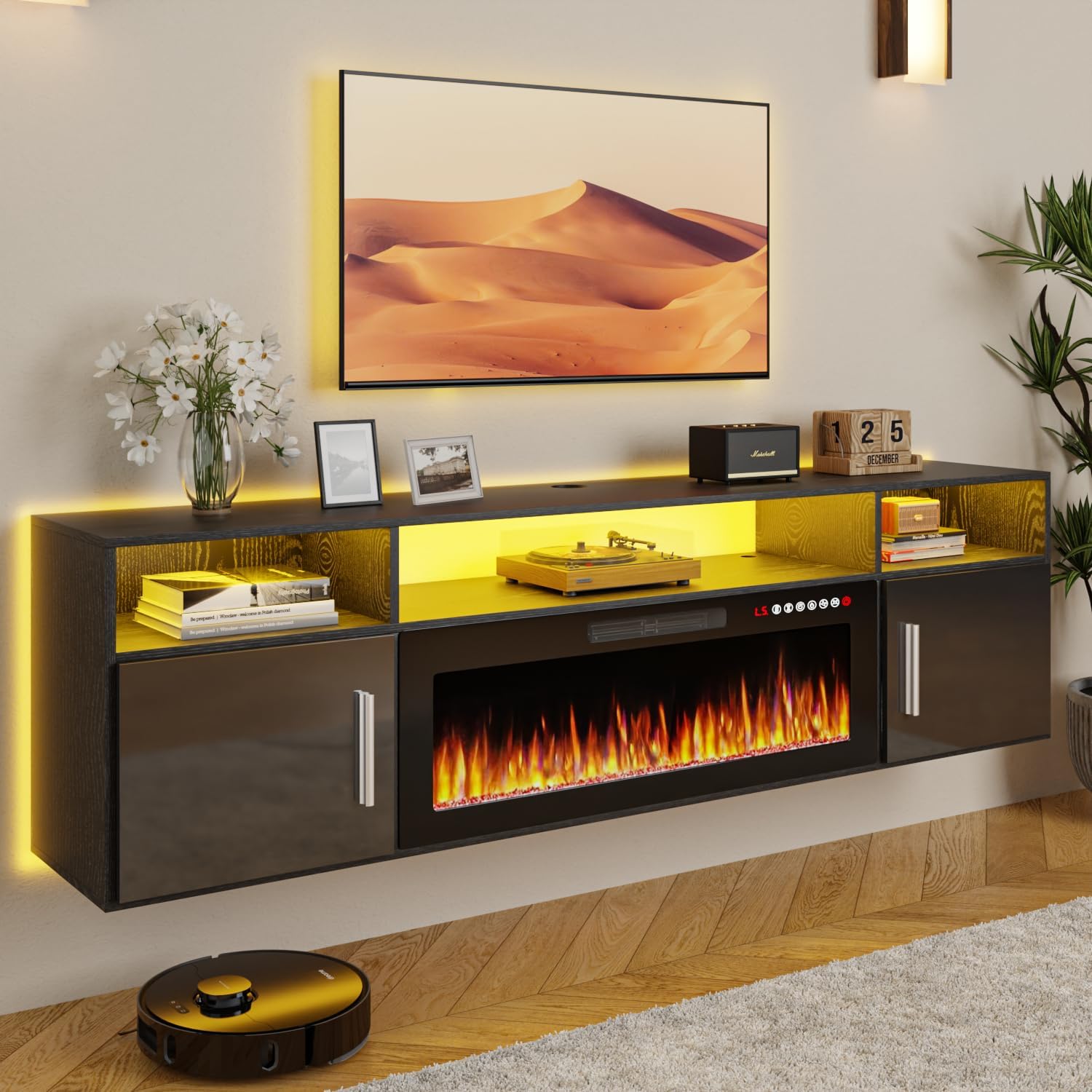 TAVATA 70" Floating TV Stand with 36" Electric Fireplace - Wall Mounted Entertainment Center with LED Lights & Storage Cabinet, Modern Media Console for Living Room, Supports TVs up to 80" (Black)