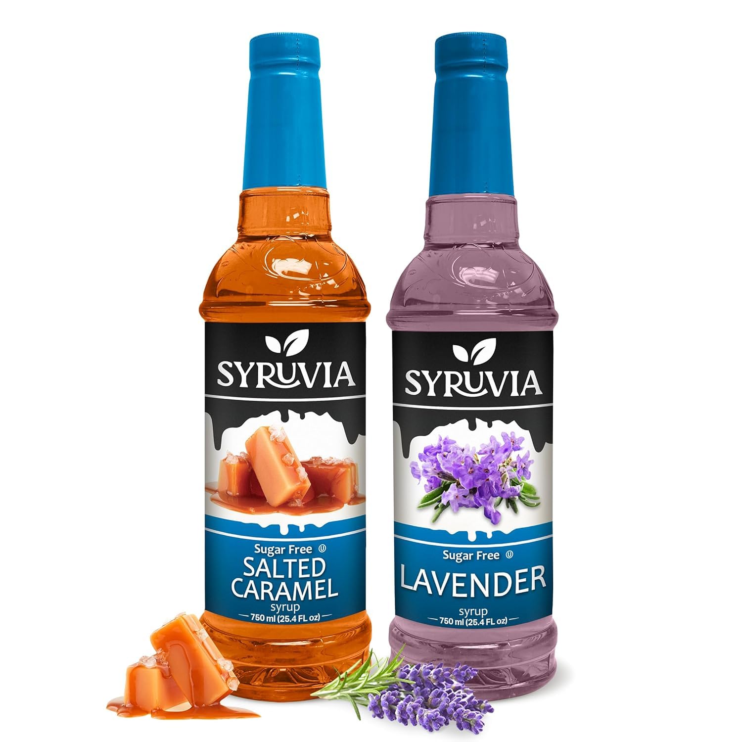 Syruvia Sugar-Free Salted Caramel & Sugar-Free Lavender Syrup - 25.4 fl oz. Premium Coffee Flavoring Syrup. 0 Calories, Kosher, and Gluten-Free. Perfect for Drinks, Sodas, Shakes, Desserts, and More.