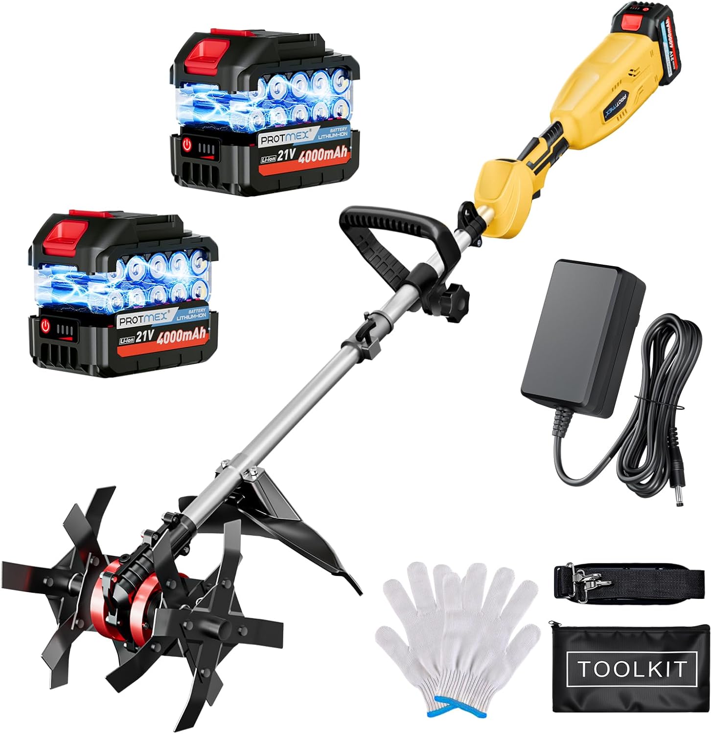 Cordless Tiller Cultivator, 21V 450RPM Electric Tiller with Battery Level Display, 2 * 4.0Ah Batteries & Charger, Tiller for Gardening, Lawn, Soil (Cultivation Width 10"/ Depth 9")
