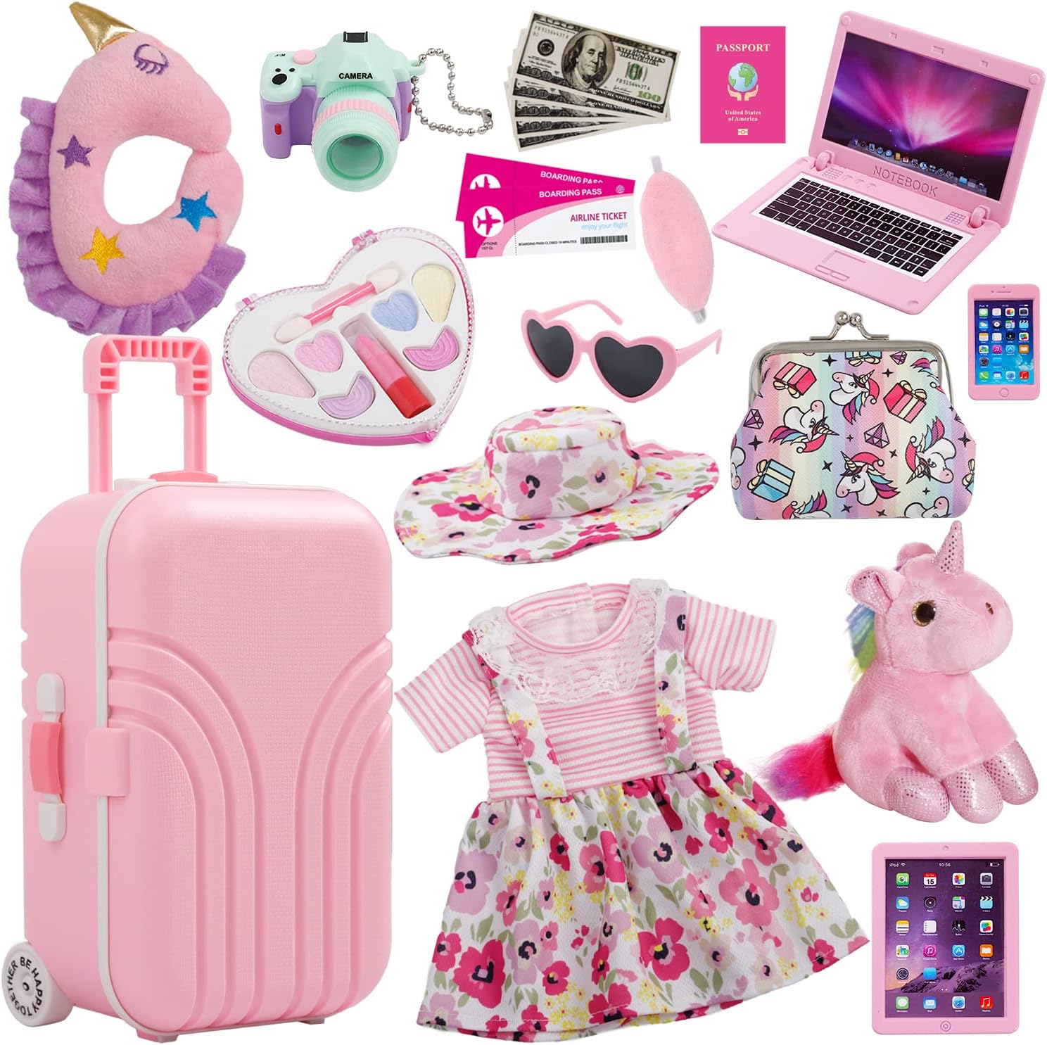 18 Inch Doll Suitcase Travel Luggage Play Accessories, Doll Clothes Accessories Carrier Storage Set, Case, Hat, Sunglasses, Camera, Pillow, Toy Pet