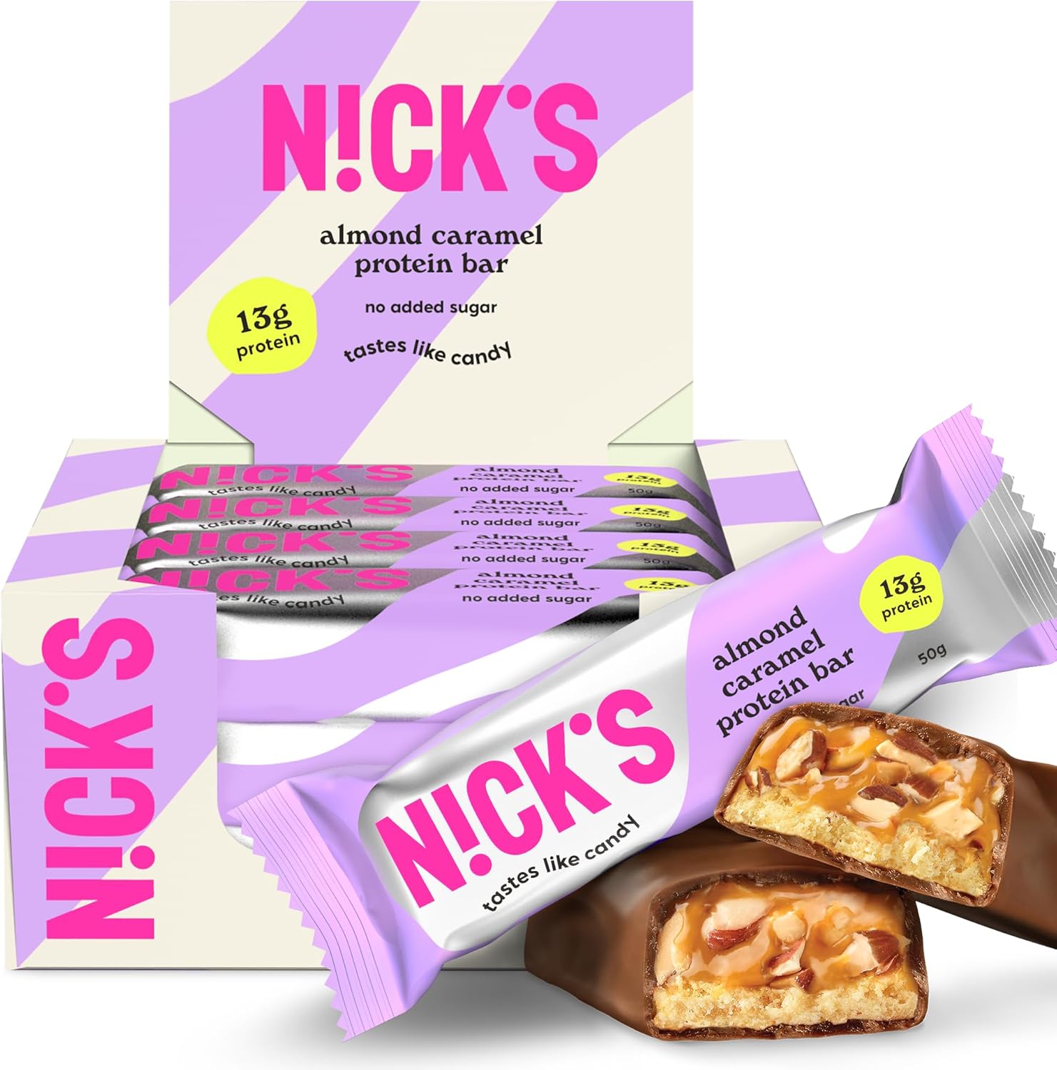 NICKS Keto Protein Bar Almond Caramel, 13 g Protein, 201 Calories, Low Carb Chocolate Snacks No Added Sugar Gluten Free (12 x 50 g)