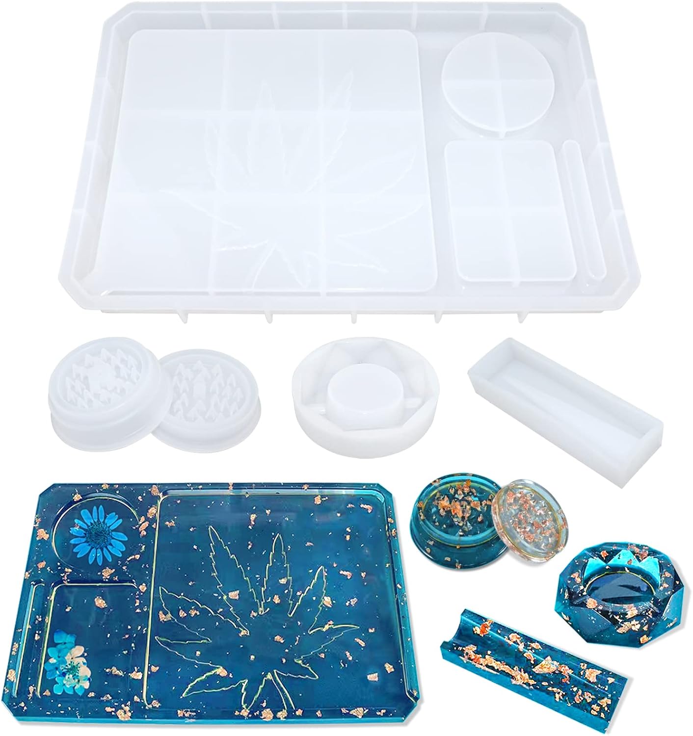 5 PCS Resin Molds Silicone Molds for Epoxy Resin with Large Rolling Tray Mold and Grinder Mold for Grind and Storage DIY Resin Casting