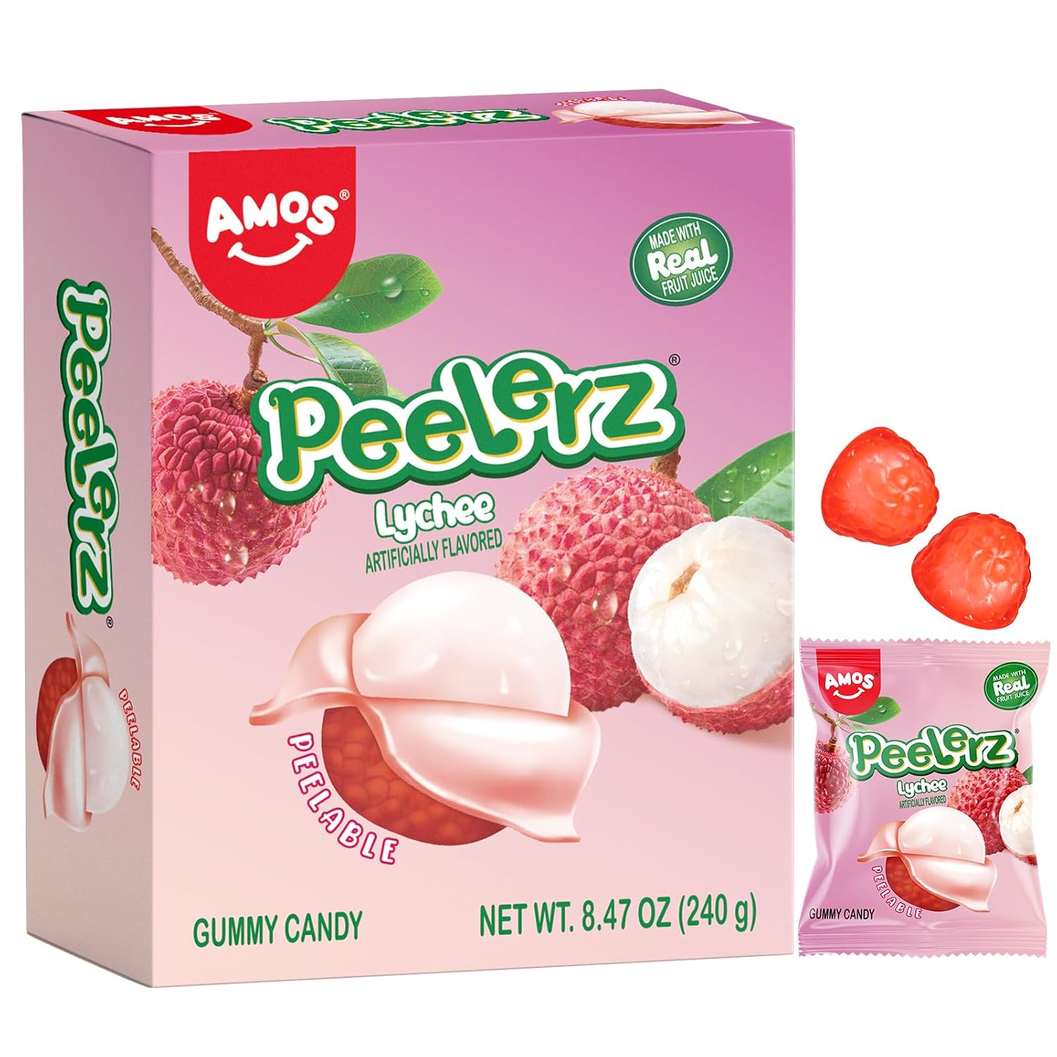AMOS Peelerz Lychee Gummy Candy, Peelable Fruit-Shaped Candy, 8.47oz Box with 10 Individual Packs – Fun Peeling Gummy Snack Made with Real Juice