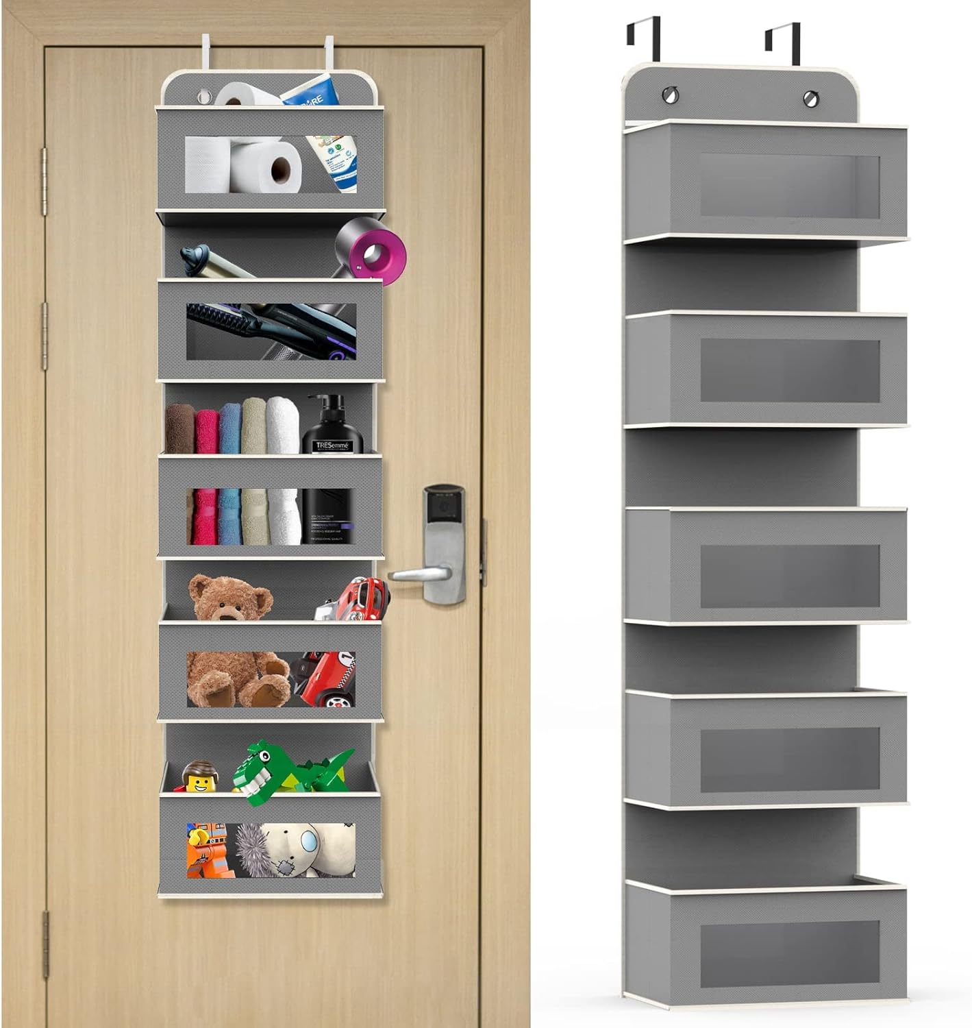 Aqash Over Door Storage Hanging Organiser - 5 Clear Window Pockets Organizer For Toys, Wallets And Towels, Grey (Grey)