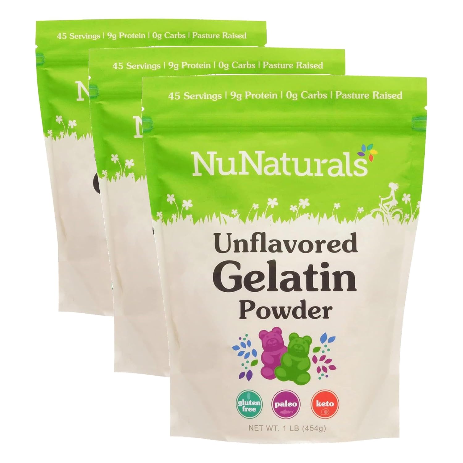 NuNaturals Unflavored Beef Gelatin Powder, Instantly Thickens, Stabilizes, and Texturizes, 1 lb (Pack of 3)