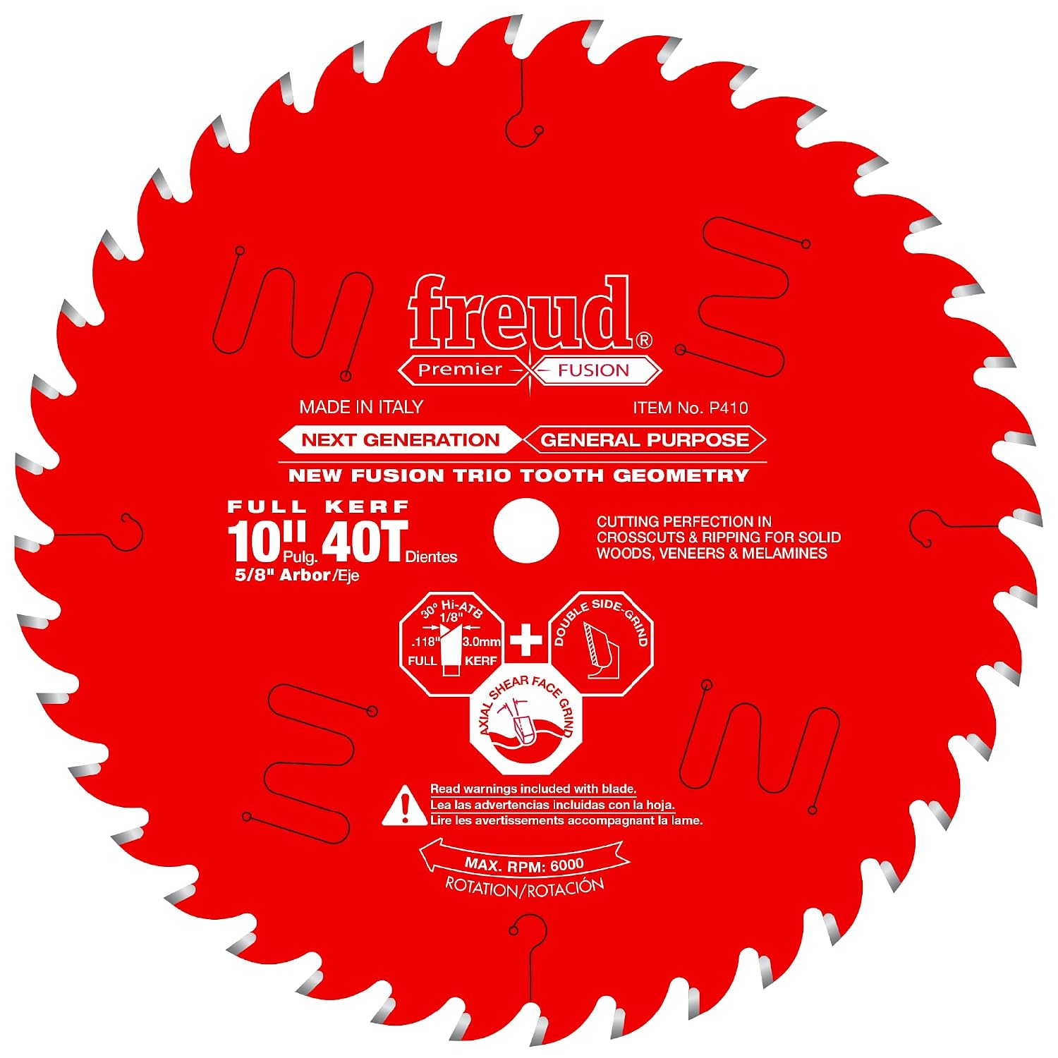 Freud P410 Premier Fusion 10" 40T Hi-ATB General Purpose Saw Blade, 5/8" Arbor