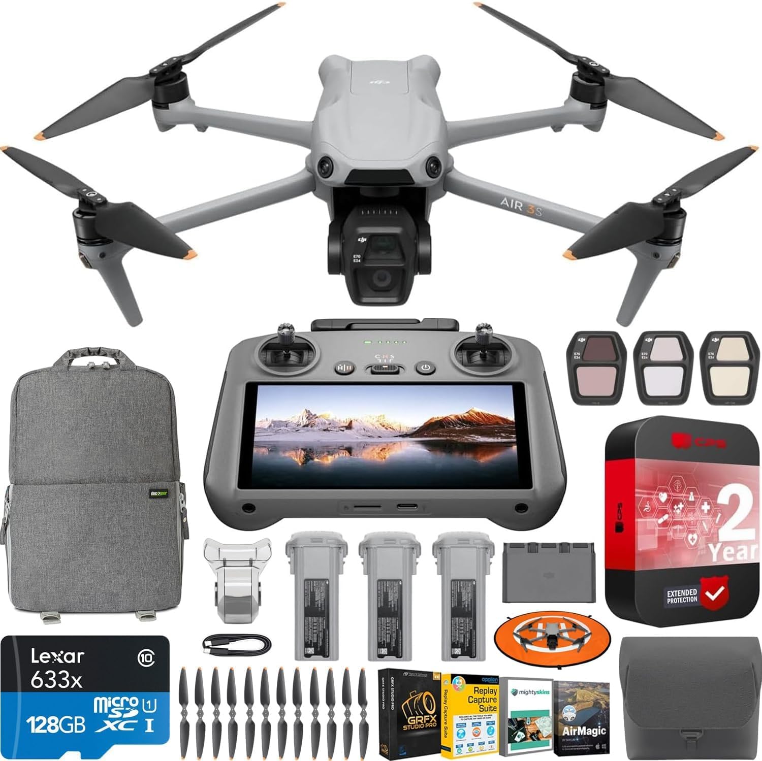 DJI Air 3S Fly More Combo RC 2 Screen Remote Drone with 1" CMOS Wide-Angle & Medium Tele Camera, 4K 60fps, Omnidirectional Sensing, Smart RTH, 3 Battery Bundle with Deco Gear Accessories & Software