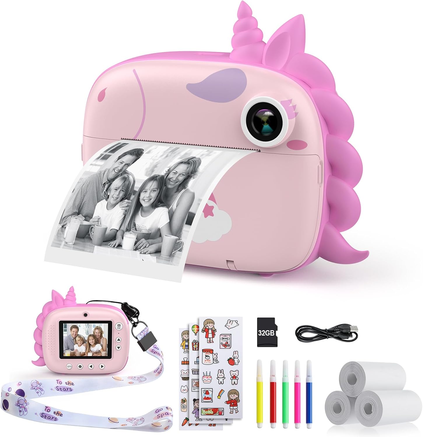 HiMont Kids Camera Instant Print, Digital Camera for Kids with No Ink Print Paper & 32G TF Card, Selfie Video Camera with Color Pens for DIY, Fun Gift for Girls Boys 3-14 Years Old (Pink)