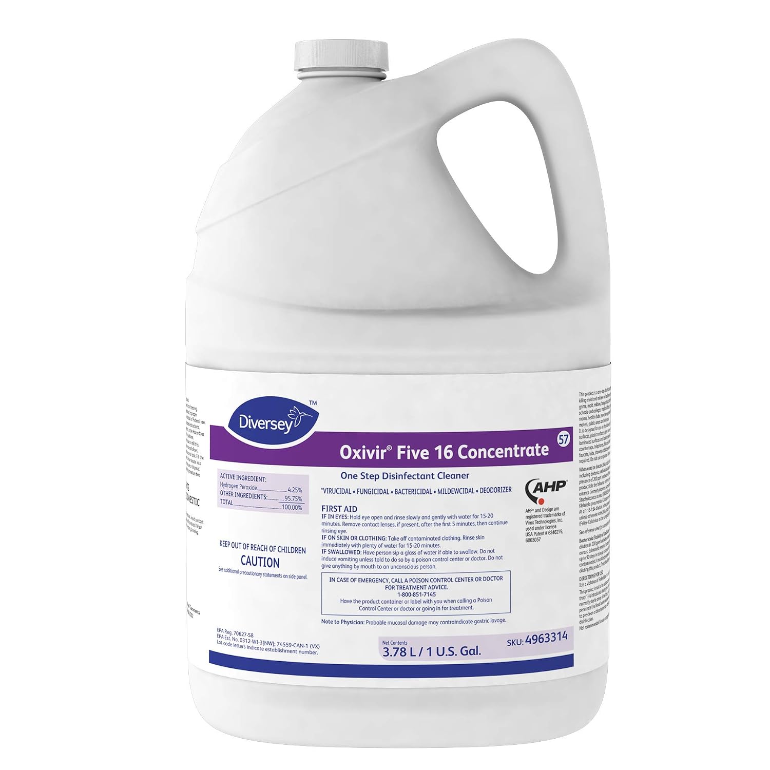 Oxivir Diversey 4963314 Five 16 One-Step Hospital Strength Disinfectant Liquid Cleaner, Accelerated Hydrogen Peroxide, Concentrate, 1-Gallon