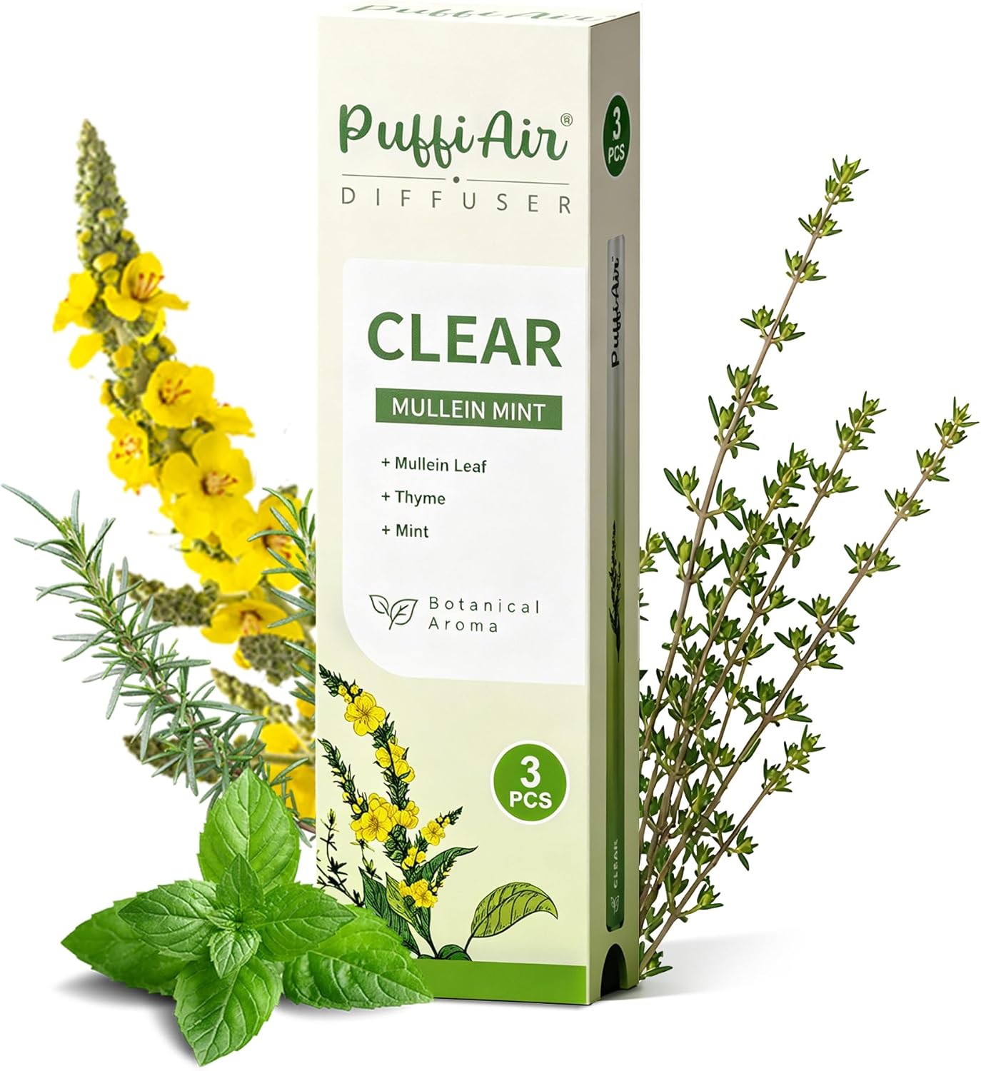 PUFFIAIR Botanical Fragrance Stick Set, Plant-Based Mullein, Thyme & Mint Botanical Scent, Non-Electronic Personal Fragrance Accessory, 3 Sticks, 1 Pack