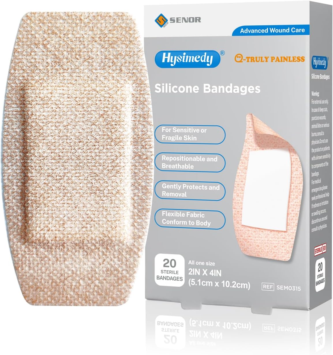 Silicone Adhesive Bandages Large Sizes for Sensitive Fragile Skin 2"x4" 20 Count Flexible Fabric Latex Free Hypoallergenic Breathable XL Bandages for Adhesive Allergy Wounds