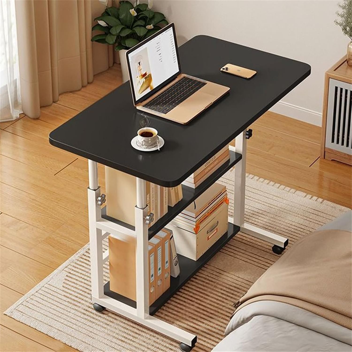 3 Tier Computer Desk, Height Adjustable, Portable Mobile Office Desk with Wheels, Laptop Table Study Desk, Desktop Workstation, Work Table, Home Office Furniture, 60 x 37 x 60-90cm, Black