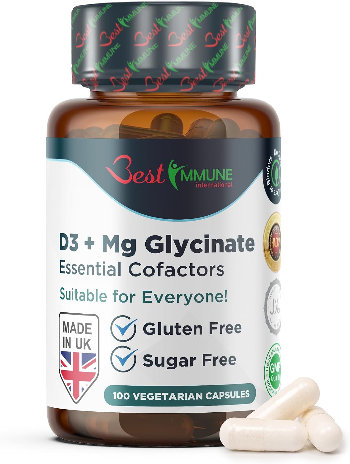 Best Immune, Magnesium Glycinate 400mg D3 1000IU Essential Cofactors Complex Premium Quality 100 Vegetarian Capsules Highest Bioavailability