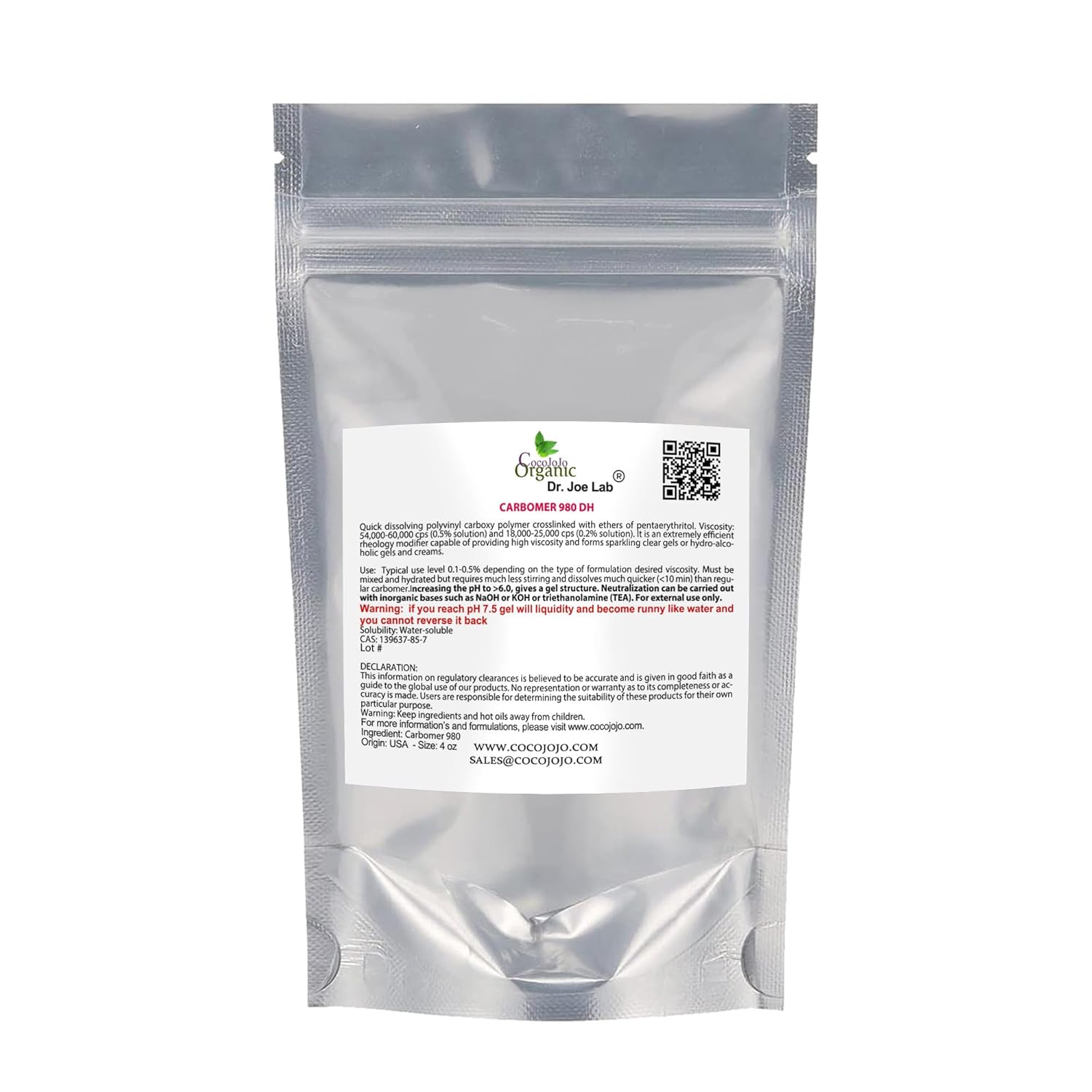 cocojojo Carbomer 980 / Carbopol 4 oz - 120 gr Cosmetic Ingredient - All Purpose Thickening Agent Cosmetic Formulation Gel Cream Lotion DIY Cosmetics Carbopol Emulsify Packaging May Vary