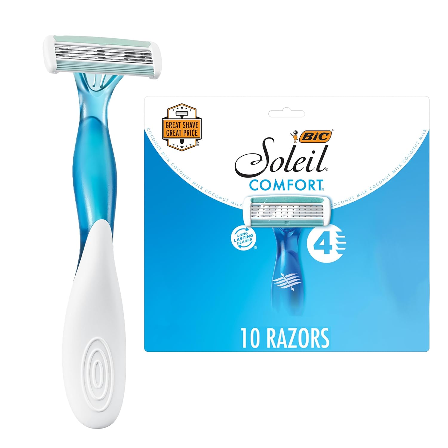 BIC Soleil Comfort Women's Disposable with 4 Blade Razors, Flexible Blades for a Close Shave, Pretty Blue Handles, 10-Pack
