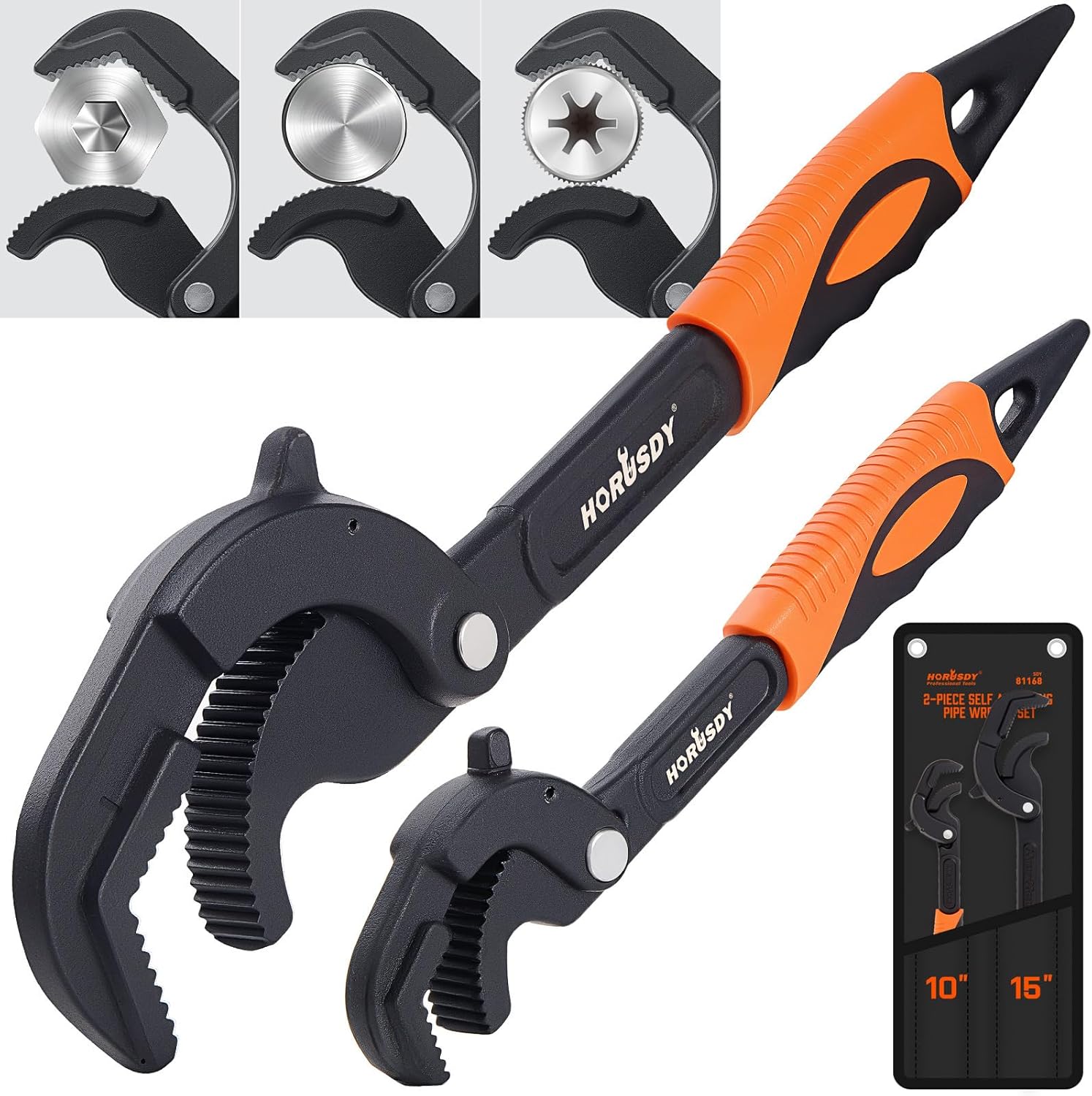 HORUSDY Heavy Duty Pipe Wrench Set, 10” and 15” Self-Adjusting Pipe Wrenches for Plumbing and HVAC, 2-Piece Pipe Vise Tool Kit for Standard and Irregular Nuts, Pipes, Fixtures – Pipe Wrench Set