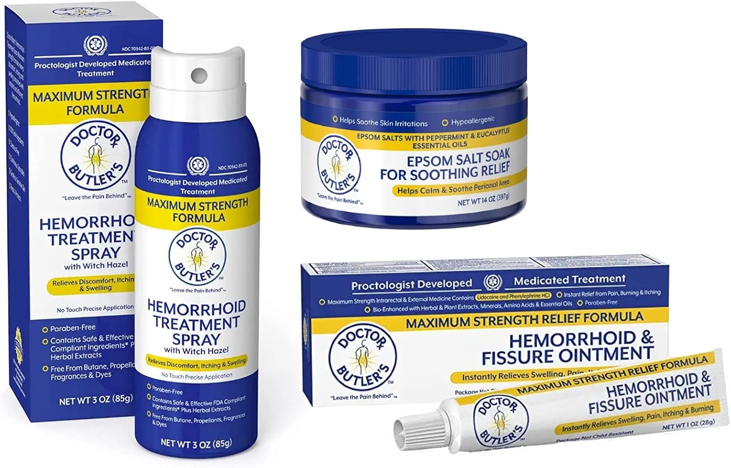 Doctor Butler's Hemorrhoid Treatment Bundle - Includes Hemorrhoid & Fissure Ointment with 4% Lidocaine, Hemorrhoid Spray with Witch Hazel, and Epsom Bath Salts to Help Reduce Irritation