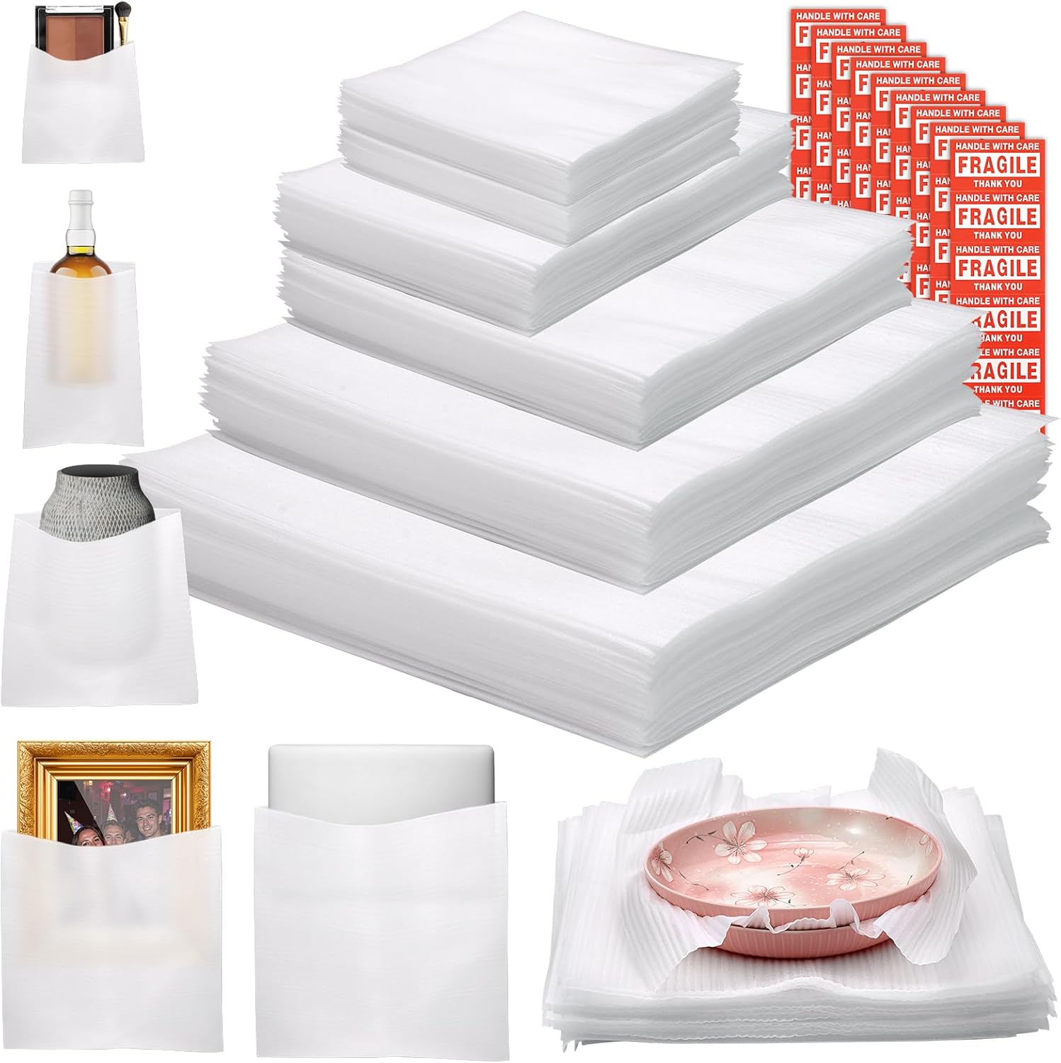 100 Pcs Packing Moving Foam Pouches & Sheets, 5 Sizes Cushion Foam Wrap Pouches with Fragile Stickers for Protect Dishes Cup Glasses Storage Supplies (7.8X7.8", 7.5X12", 12X12", 14X14", 16X16")