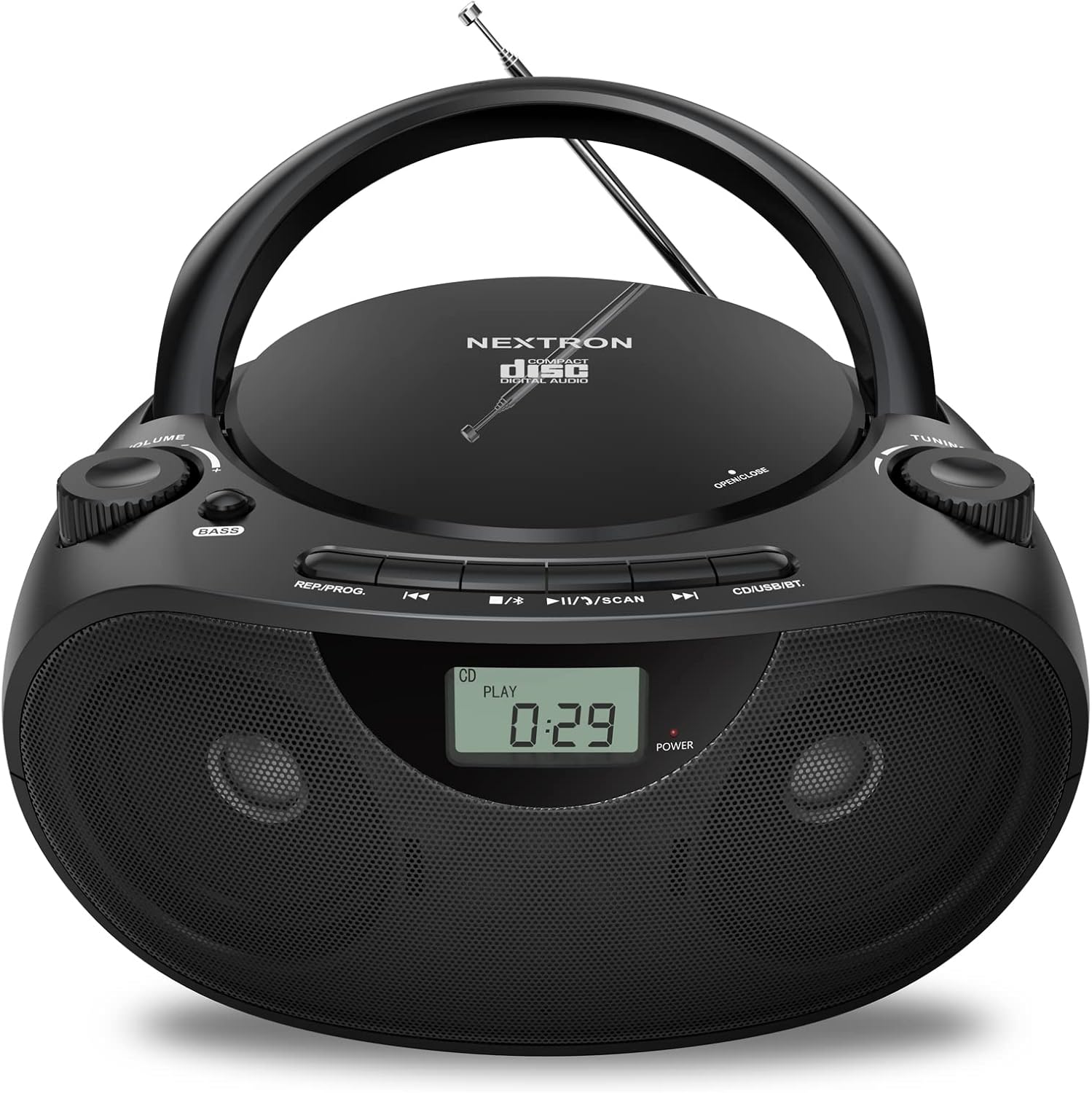 Portable Stereo CD Player Boombox with AM/FM Radio, Bluetooth, USB, AUX-in, Headphone Jack, CD-R/RW and MP3 CDs Compatible, Clear and Full Sound with Bass Boost, AC/Battery Operated – Black