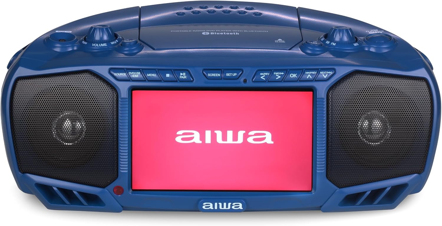 Aiwa Portable Boombox, Crystal Clear Sound with 3W x 2 Speakers and Bass Function, Featuring a 7" LCD Display, Bluetooth Connectivity, FM Radio, CD/DVD Player, Streaming on Roku and Amazon Firestick