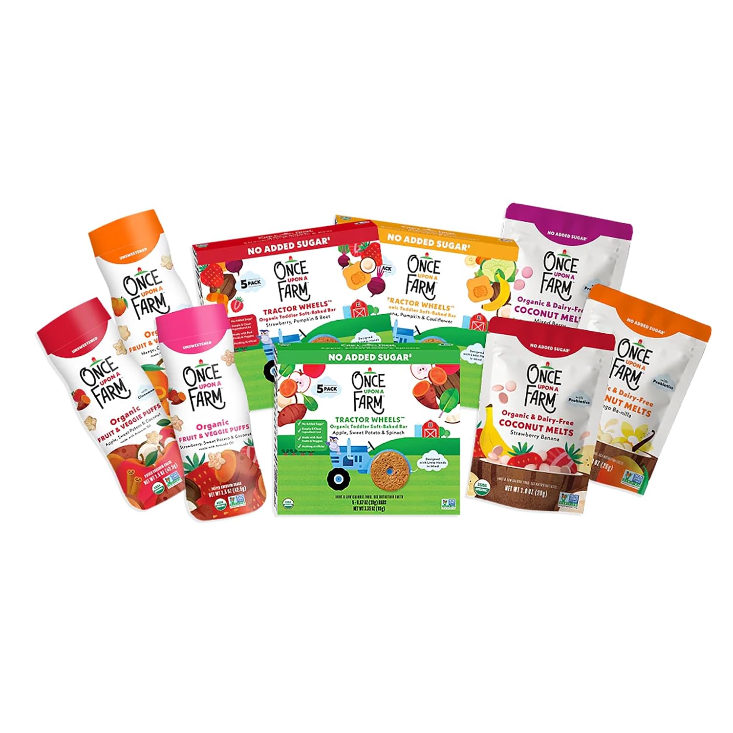 Once Upon a Farm Organic Baby & Toddler Variety Sampler, 9 Ct, Non-GMO | Once Upon a Farm Organic Baby & Toddler Snack Sampler, Puffs, Coconut Melts, Tractor Wheels, Non-GMO, 9 Count