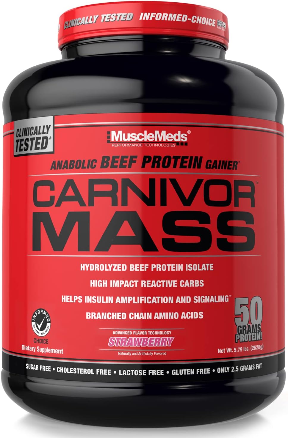 MuscleMeds Carnivor Mass Anabolic Beef Protein Gainer, Strawberry, 6 Pound