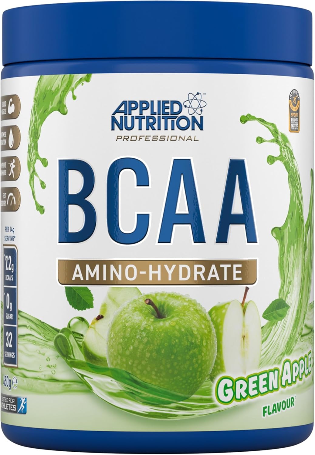 Applied Nutrition BCAA Powder - Branched Chain Amino Acids BCAAs Supplement, Amino Hydrate Intra Workout & Recovery Energy Drink (450g - 32 Servings) (Green Apple)