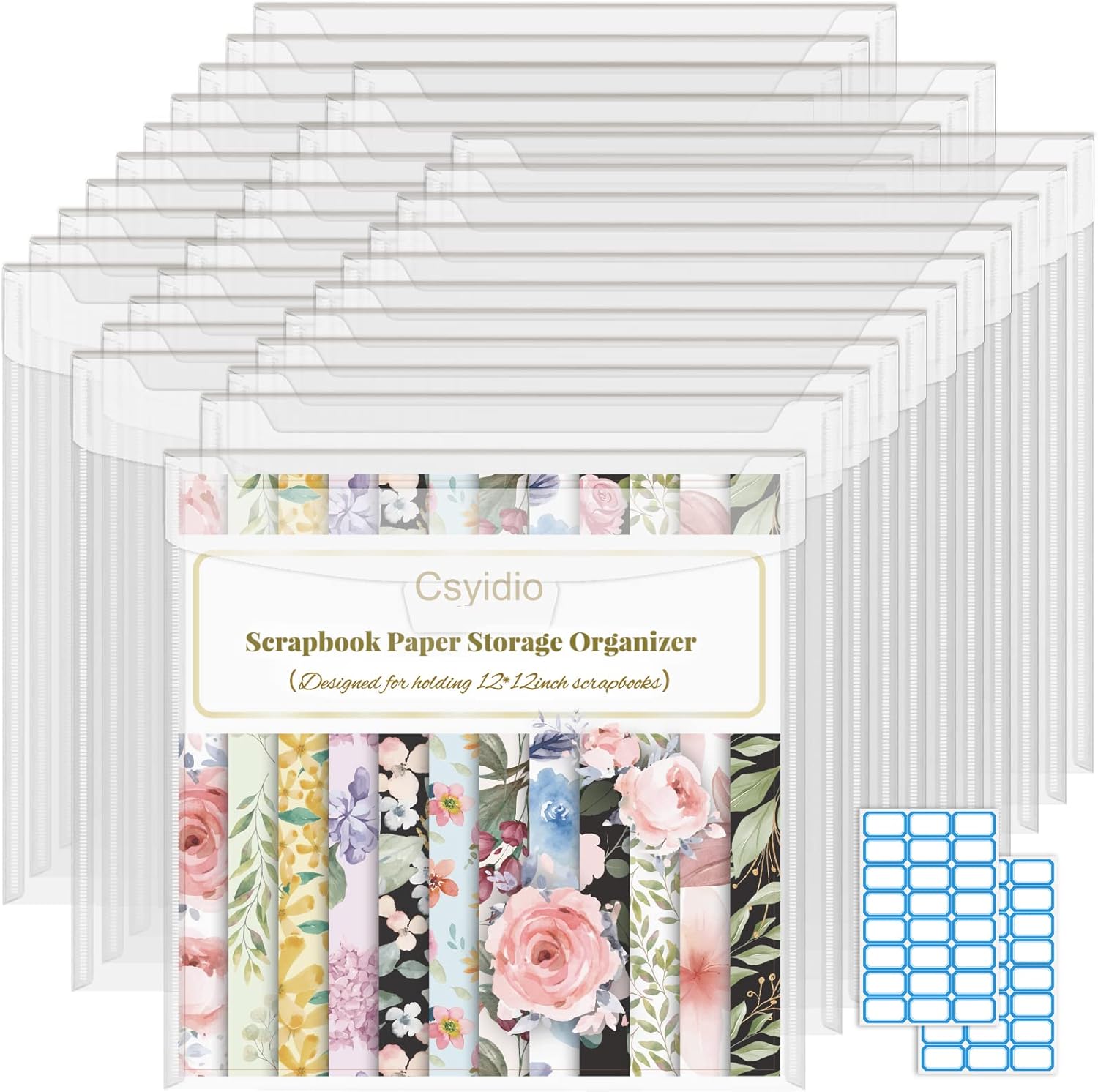 10 PCS 12 x 12 Inch Scrapbook Paper Storage Organizer with Label Stickers, Clear Paper Storage Bag for Holding Scrapbooking, Vinyl, Photos and File Enclosed Storage