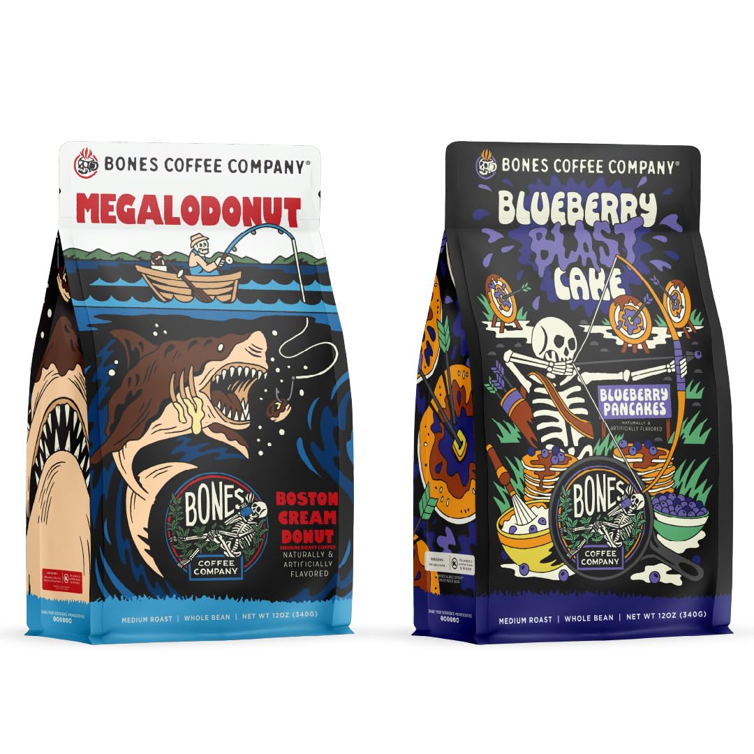 Bones Coffee Company Blueberry Blast Cake With Megalodonut Whole Bean Coffee, 12 oz Bundle