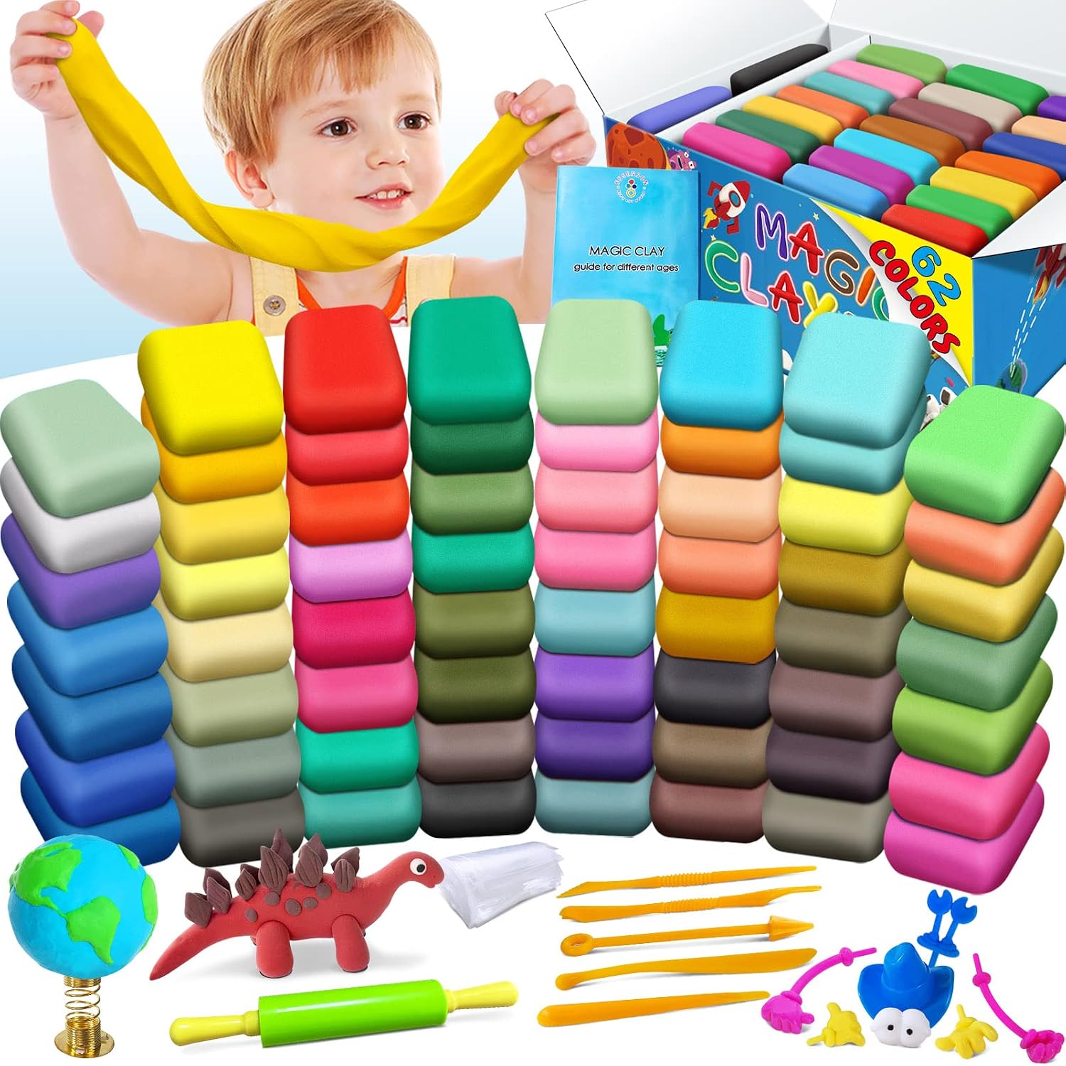 ESSENSON Modeling Clay Kit - 62 Colors Air Dry Magic Clay, Best Gift for Boys & Girls Age 3-12 Year Old, DIY Molding Kids, with Sculpting Tools, Decoration Accessories, Kids Art Crafts