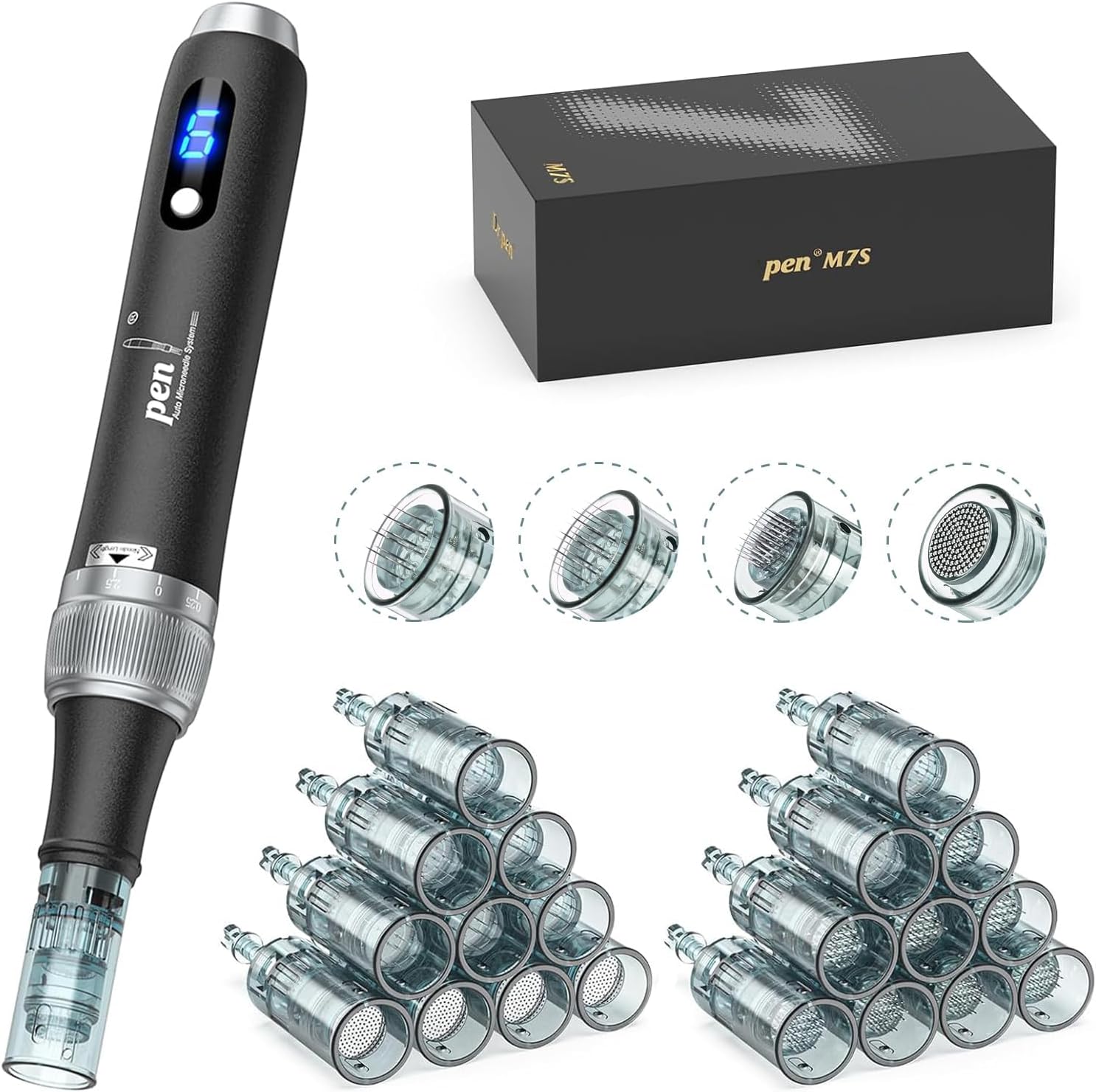Dermapen M7S Microneedling Pen, Wireless Dermapen Kit with 20pcs Replacement Cartridges Needles for Dr Pen M7S, 6 Speeds Adjustable Micro Needling Microneedle Machine for Face, Skin Care -Black
