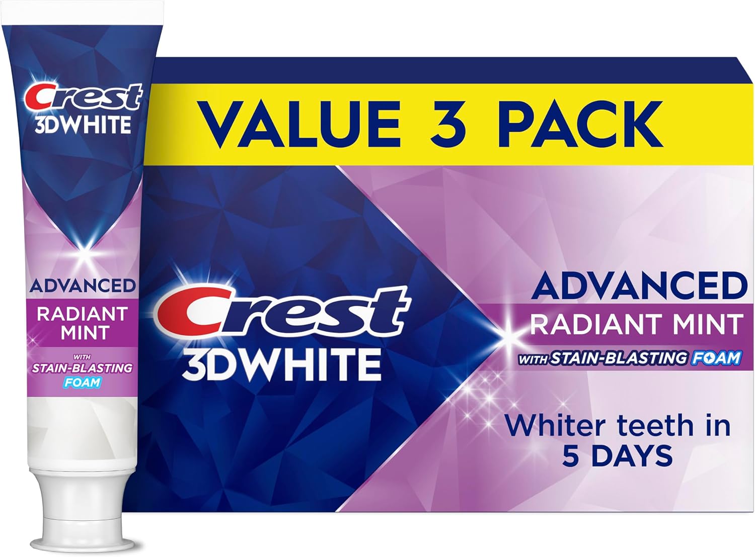 Crest 3D White Advanced Teeth Whitening Toothpaste, Crest 3D White Brilliance Toothpaste, Radiant Mint, 3.3 oz, Pack of 3 (Packaging May Vary)