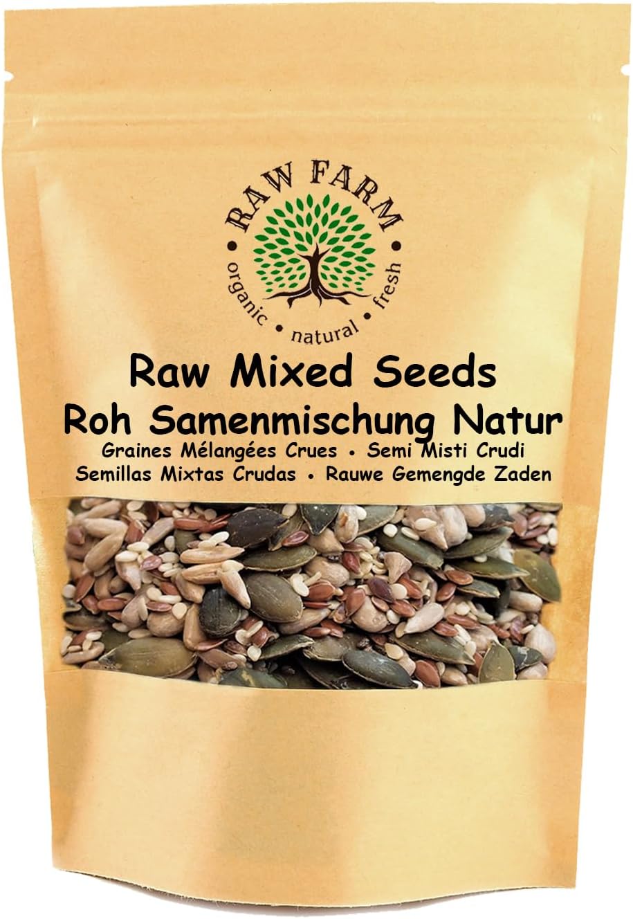 Raw Farm - Raw Seeds Mix 1 kg – Pumpkin, Sunflower Kernels, Flaxseed, Pine Nuts & Hemp Seeds – Gluten & Soya Free - High in Fibre & Protein – Ideal for Smoothies, Salads, Baking & Snacking