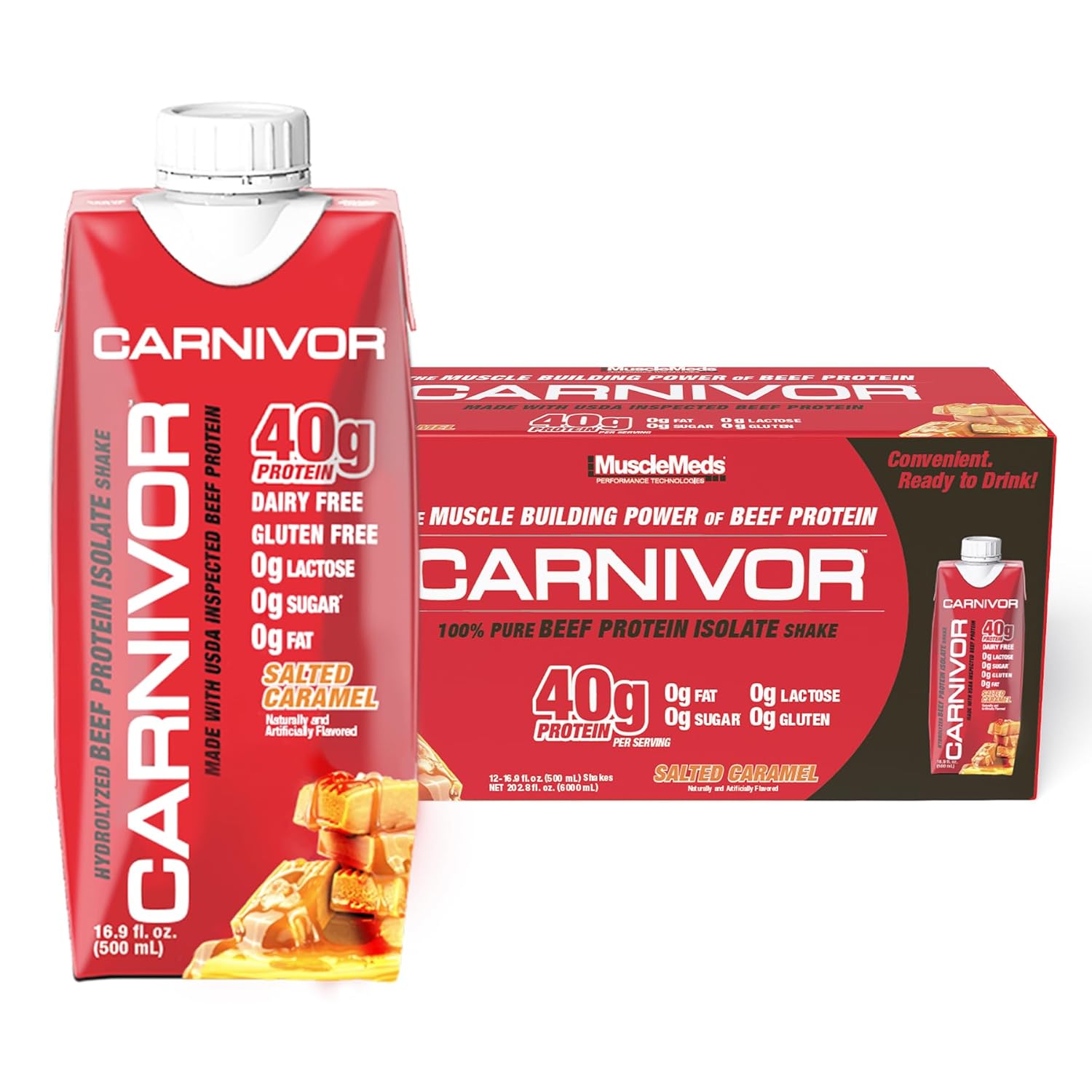 MuscleMeds Carnivor RTD, Ready to Drink Protein, Lactose Free, Sugar Free, 40g Isolate Protein, Muscle Building, Recovery, Halal Certified, Salted Caramel, 16.9 Fl Oz (Pack of 12)