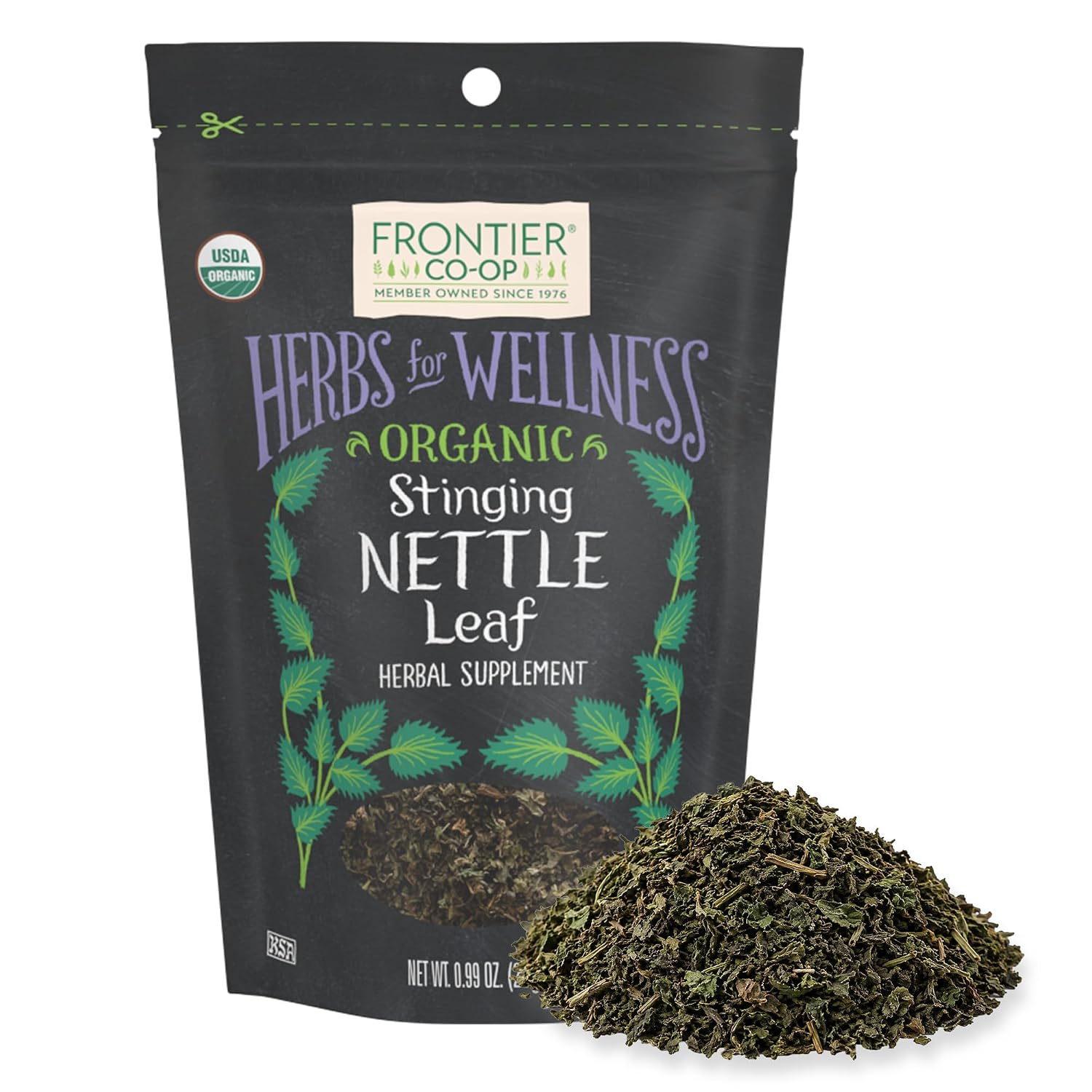 Frontier Co-op Organic Stinging Nettle Leaf, Resealable Bag, Cut & Sifted, Ideal for Making Nettle Tea, Kosher | 0.99 Ounce (Pack of 1)