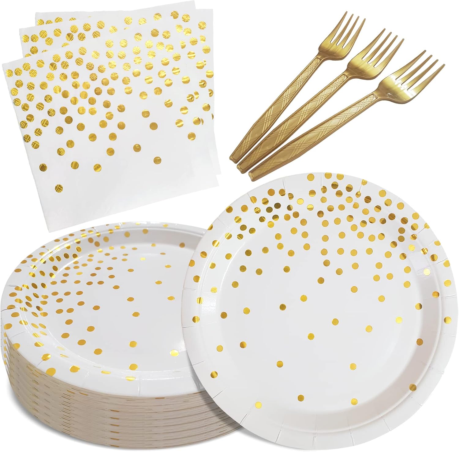 WXLDGHQ White and Gold Paper Plates Napkins Party Supplies,Disposable Gold Dot Paper Dessert Plates,105 PCS Birthday Plates and Napkins Party Supplies for Wedding(Serves 35 Guests 7")
