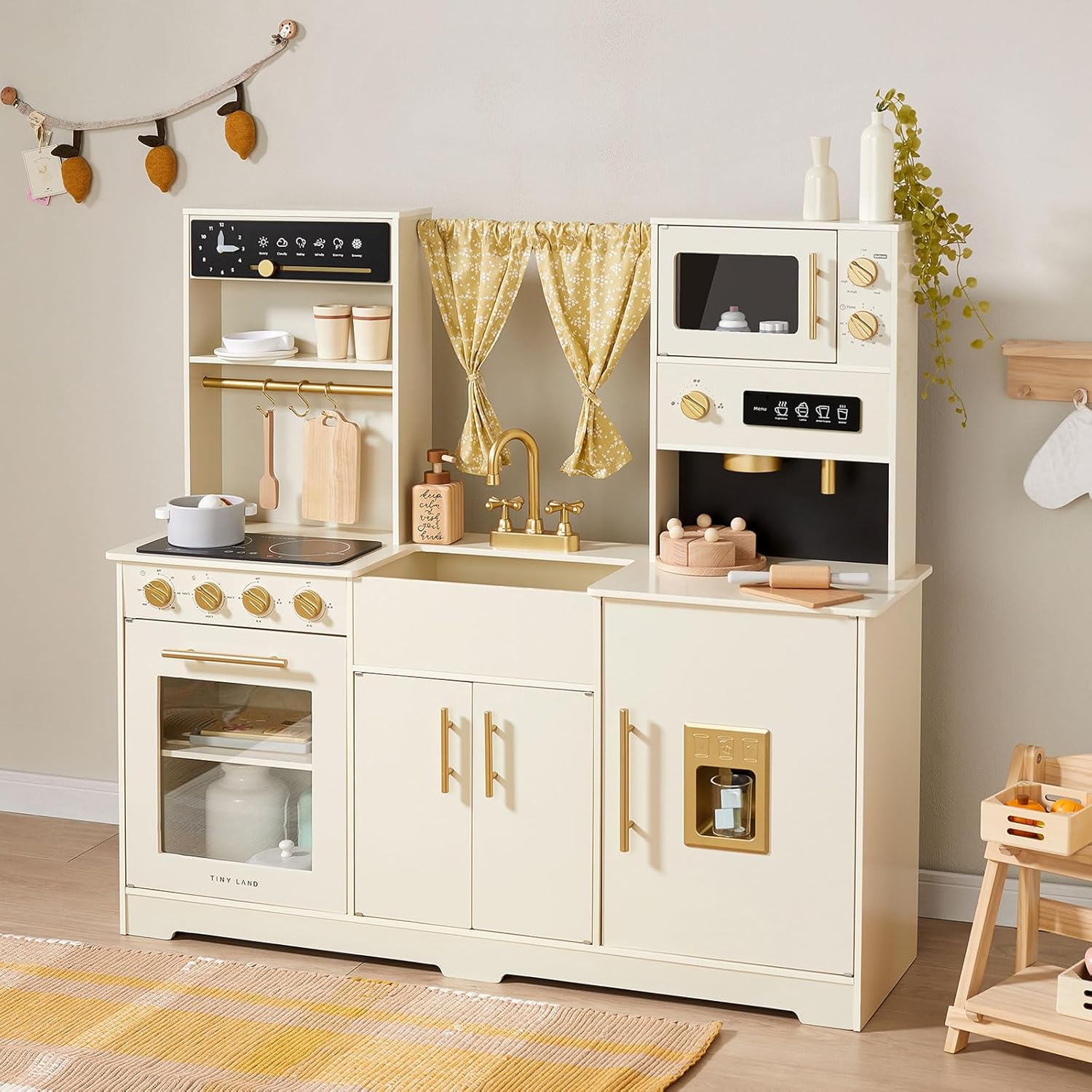 Tiny Land Play Kitchen for Kids, Toy Kitchen Set with Plenty of Play Features, New Modern Kids Wooden Play Kitchen Designed in Trendy Home Style with Curtains, Gift for Ages 3+