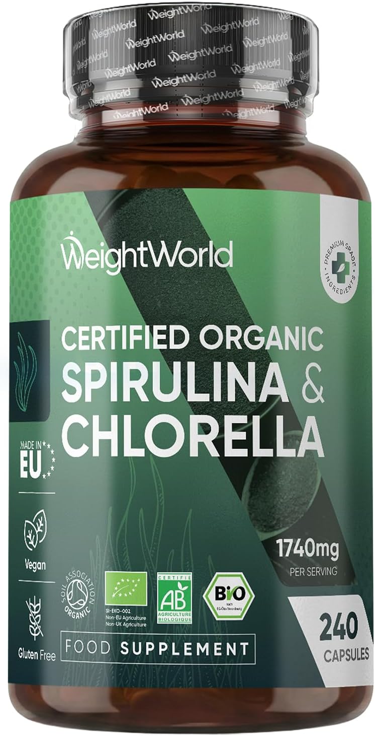 Organic Spirulina and Chlorella Capsules - 80 Days Supply - 240 Capsules