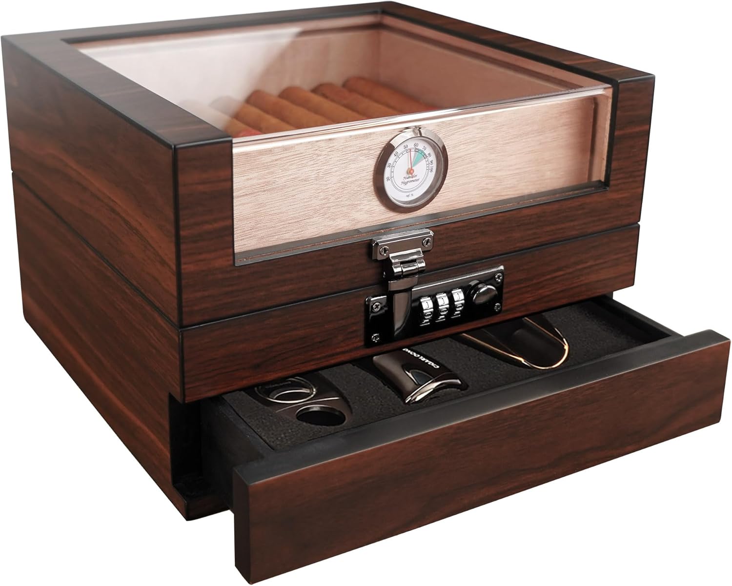 TUTUNES&Wudytim Cigar Humidor, Handcrafted Top 270° Spanish Cedar Cigar Box with Easy Humidification System, Accurate Hygrometer for 25 Cigars (25-60 Cigars)