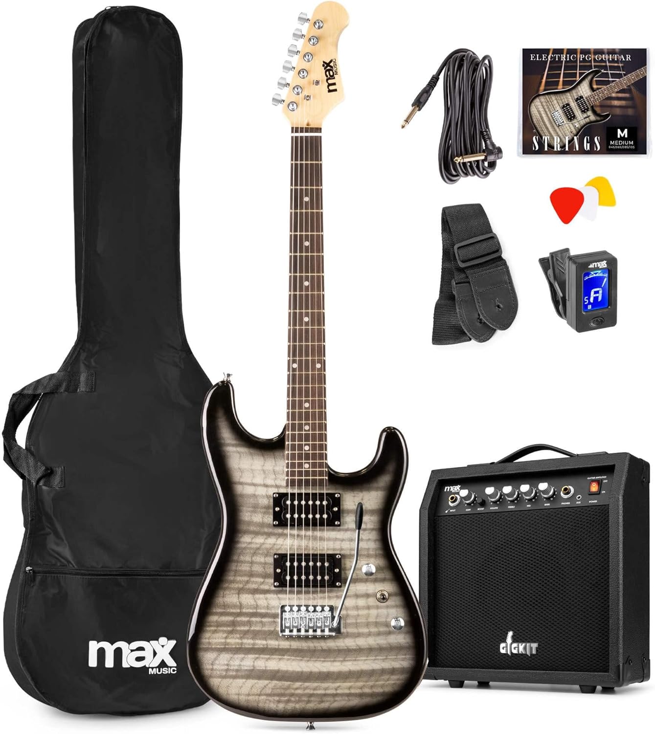 Max GigKit Beginner Electric Guitar Starter Kit with Quilt Top Finish, 40W Amplifier, Dual HH Humbuckers, 22 Frets, Tremolo Arm & Accessories - Gloss Black