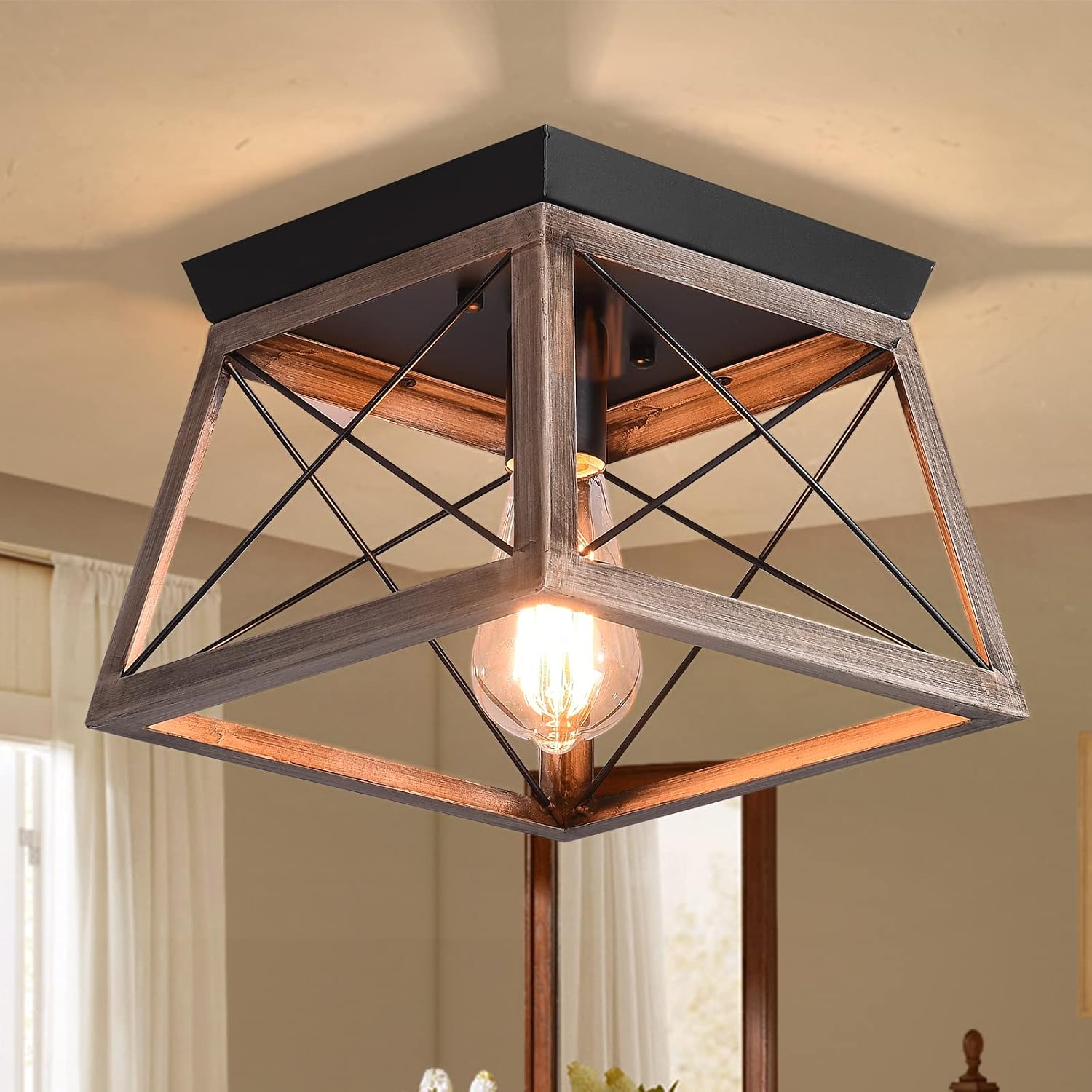 Ganeed Industrial Flush Mount Ceiling Light,Farmhouse Rustic Close to Ceiling Light Mini Ceiling Lamp Fixture with Square Metal Cage for Kithcen Island Hallway Bedroom Dining Room Entryway,E27
