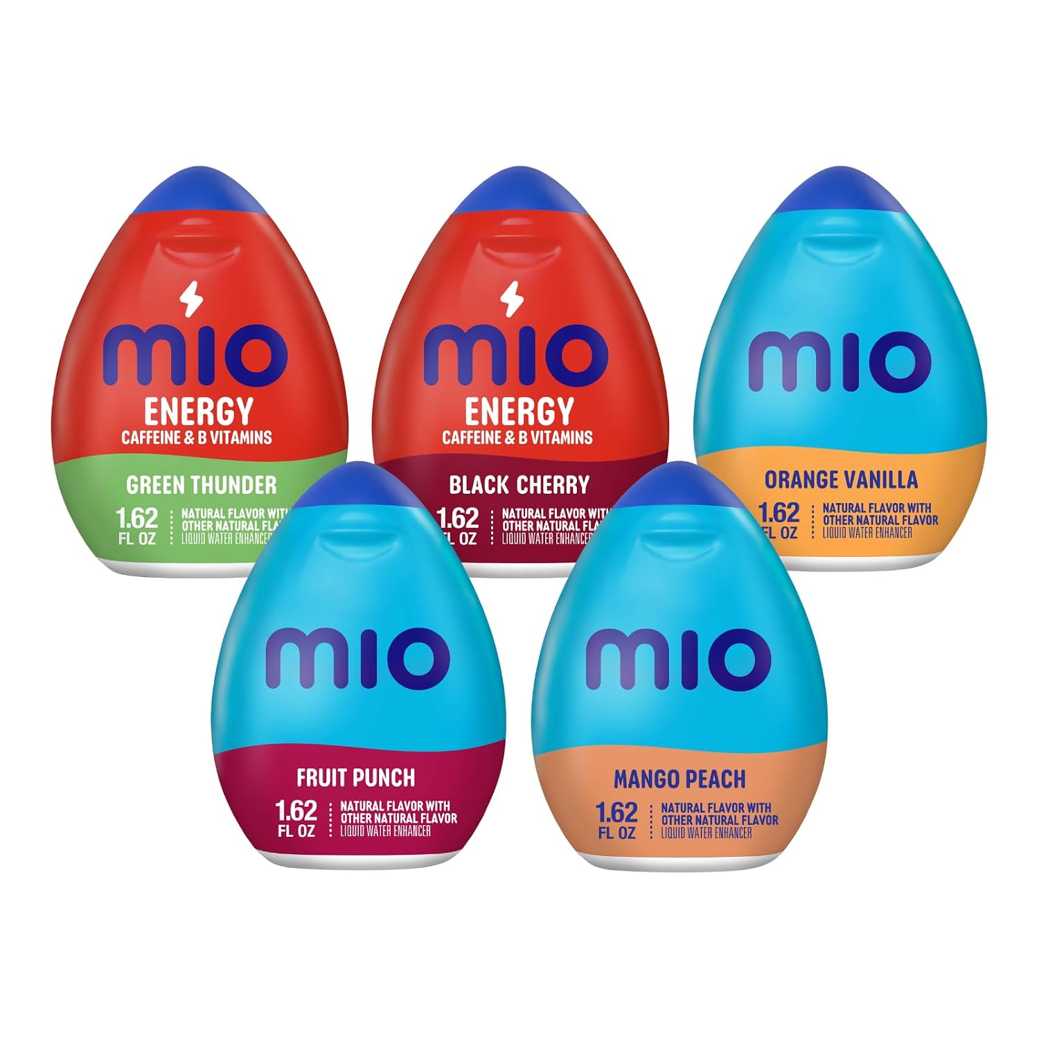 Mio Water Enhancement Variety Pack Includes Green Thunder, Black Cherry, Orange Tangerine, Fruit Punch and Mango Peach 1.62 Fl Oz each (Pack of 5)