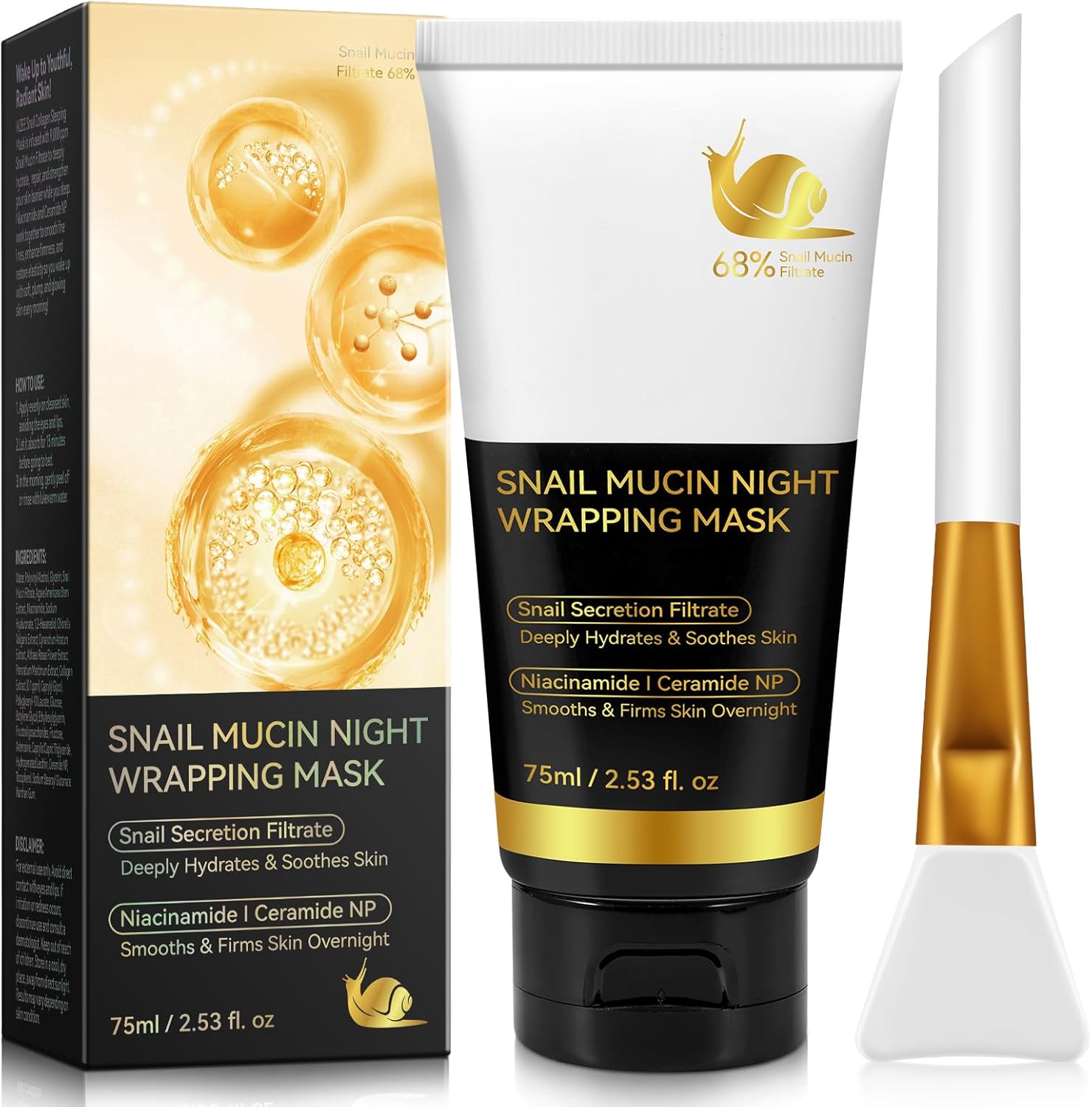 Collagen Night Wrapping Mask Snail Mucin Korean Skincare Collagen Face Mask Overnight No-rinse Facial Overnight Sleeping Mask Hydration Reduces Wrinkle Improves Skin Elasticity 75ml (Brush Included)